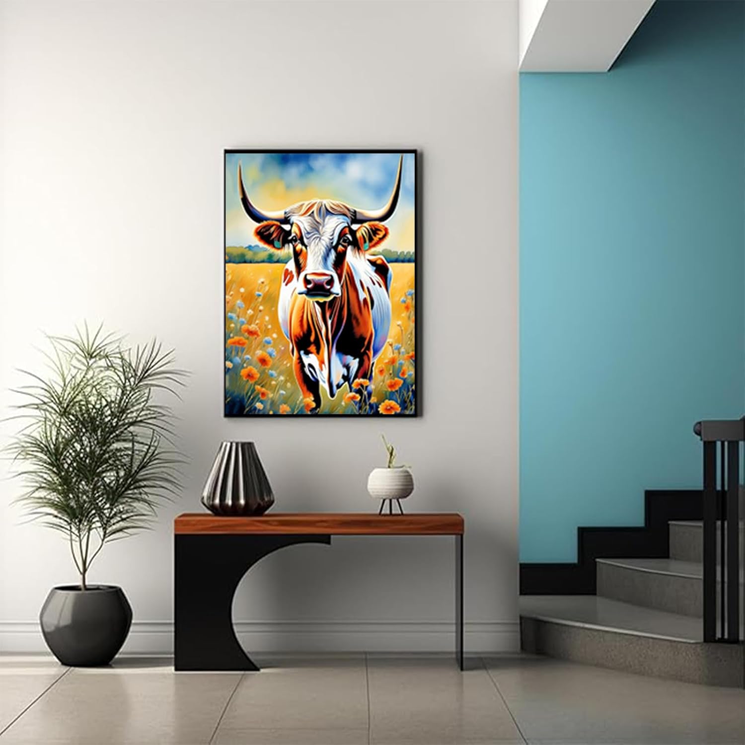 HMDIIMGE Texas Longhorn Cattle Cow Herbivore Diamond Painting Kits for Adult, DIY 5D Diamond Art Kits, Full Drill Round Crystal Diamond Dots Art Crafts Winter Holiday for Home Wall Decor 12x16 inch