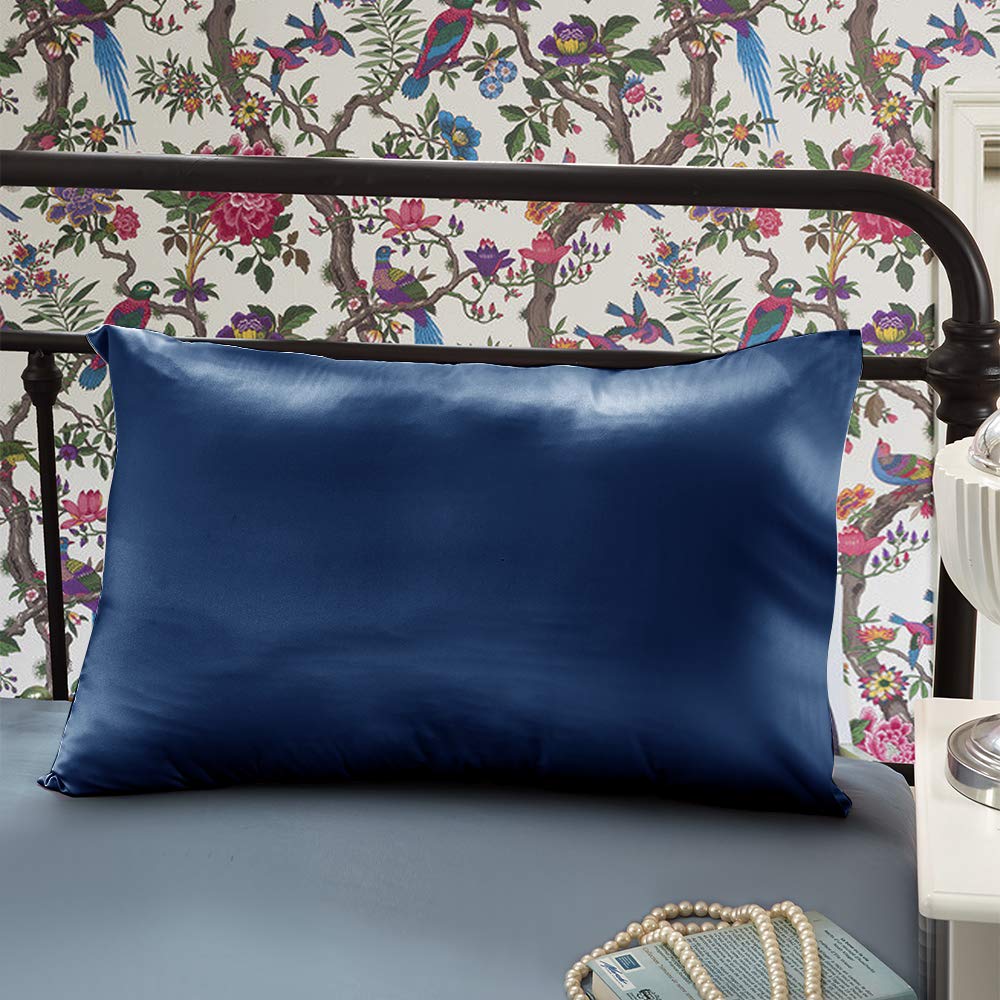 OLESILK Funda de Almohada 100% Seda 22 Momme Bueno para la Piel y el Cabello - 1 Pieza, Azul Marino, 40x70cm