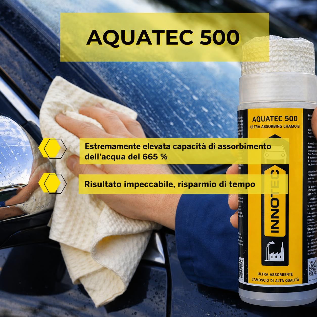 INNOTEC Aquatec 500 – Camoscio in pelle ultra assorbente per auto, moto e vernice automobilistica – Asciugatura senza striature su cromo, vetro e superfici verniciate dopo il lavaggio del veicolo