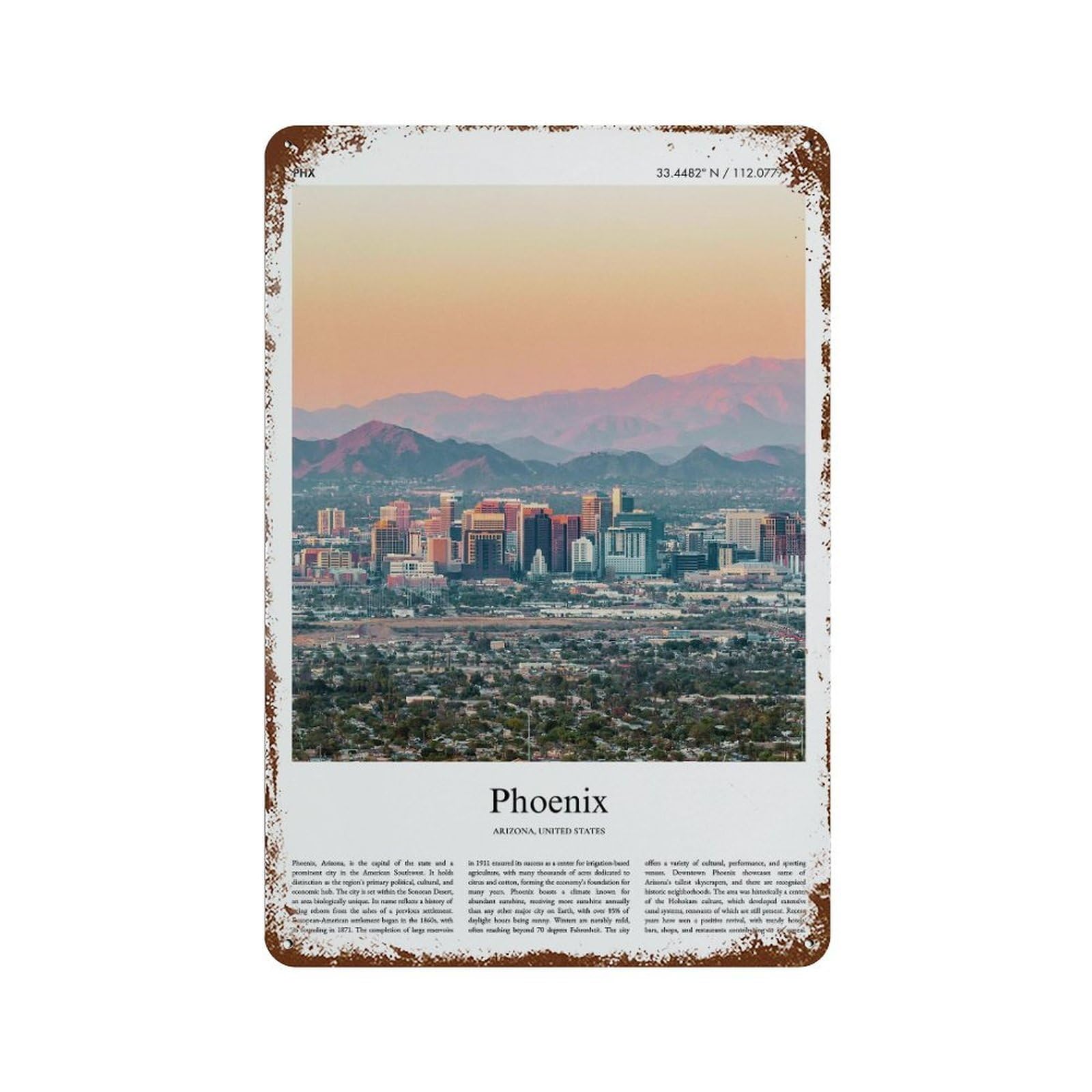 xiaoxiaoshen Phoenix Arizona, United States, USA City Scenery Wall Decor Art Metal Tin Poster Modern Home Decor Art Home Bar Shop Decorations Vintage Sign 30x20cm