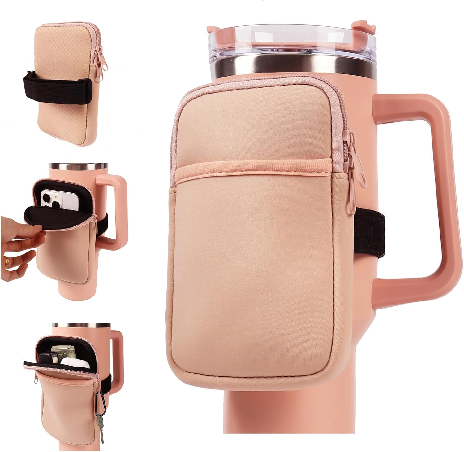 LMYUHONG Water Bottle Pouch for Stanley Cup Accessories 40oz 20oz 30oz,Tumbler Pouch with Versatile Pocket, for Cards, Keys,Earphone. Fits for Phones, Use for Running, Walking, Hiking & Biking