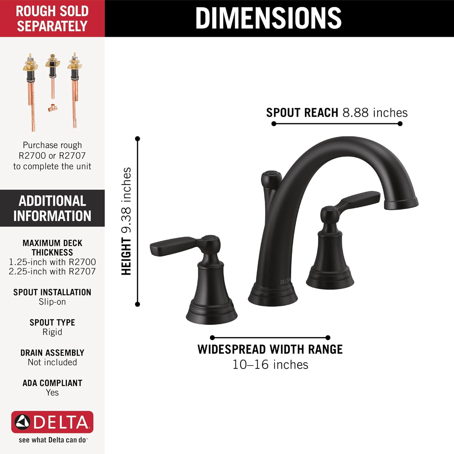 Delta Woodhurst Roman Tub Faucet, Matte Black Deck Mount Bathtub Faucet, Matte Black T2732-BL (Valve Sold Separately)