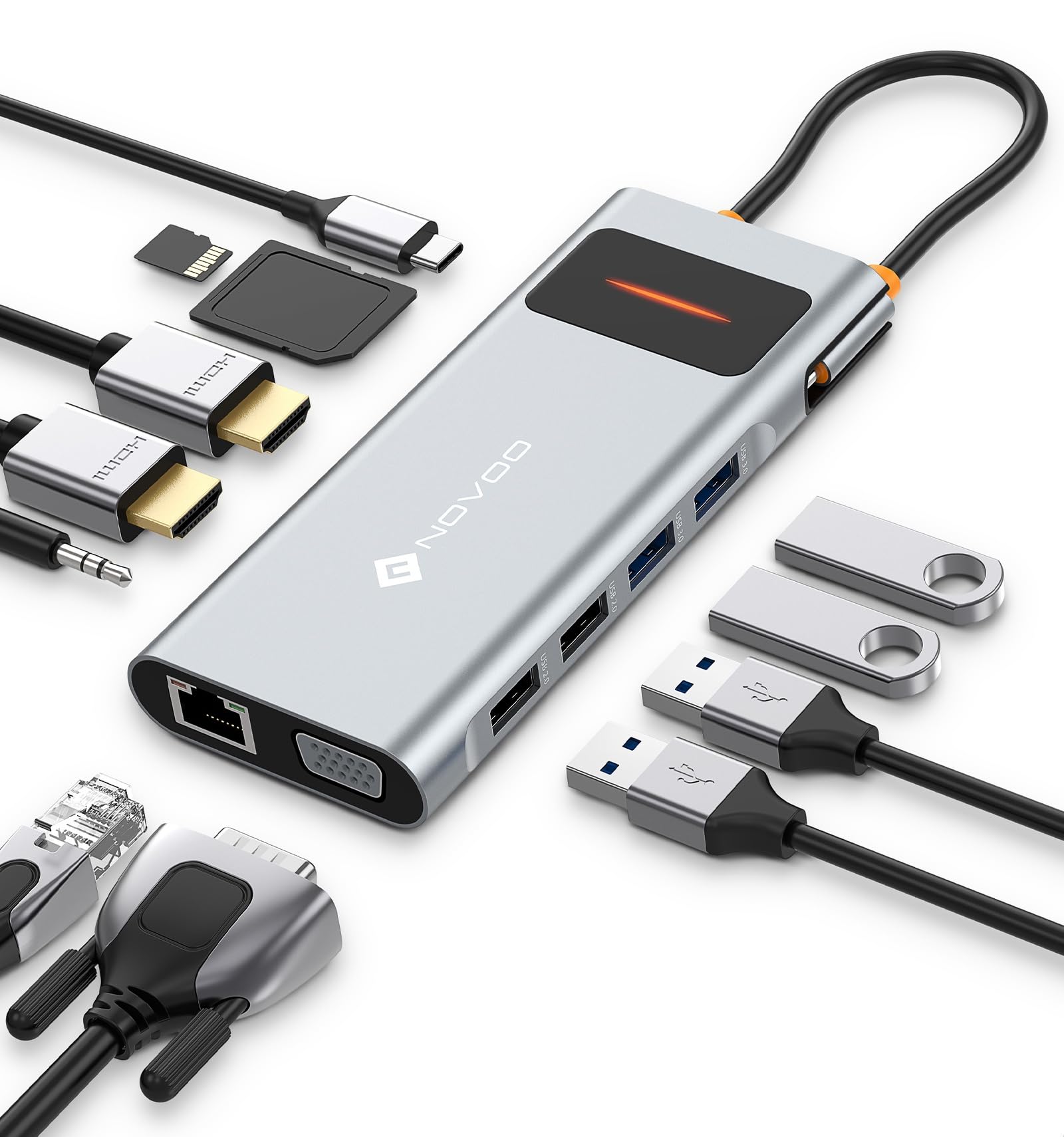 Docking Station USB C Triplo Display, NOVOO 12 in 1 Hub USB C con 2 4K HDMI, VGA, 1000Mbps Ethernet, Lettore SD/TF, 4 USB, Audio da 3,5 mm e Ricarica Rapida PD 100W per MacBook/Dell/Surface/HP