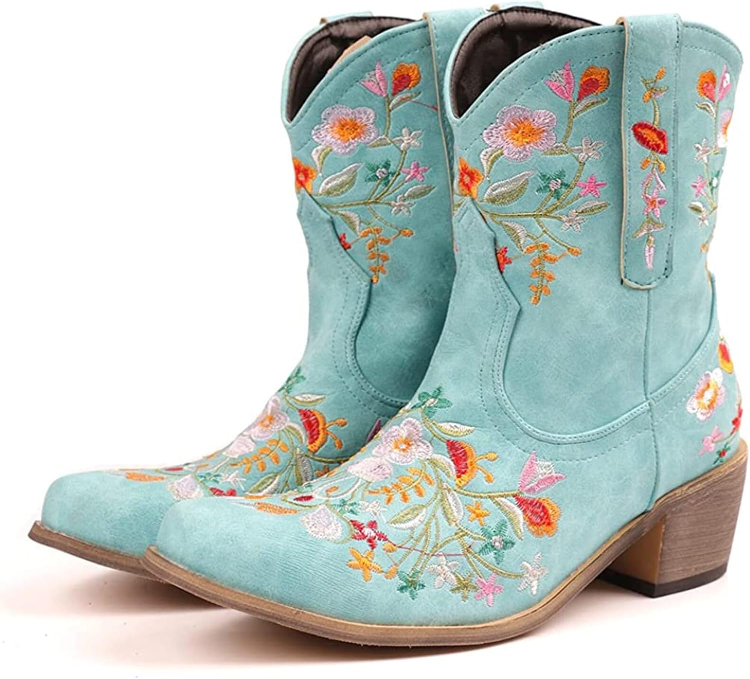 Handmade Flower Embroidered Cowgirl Ankle Boots, Faux Leather, Rubber Sole, Wide Calf, Pointed Toe