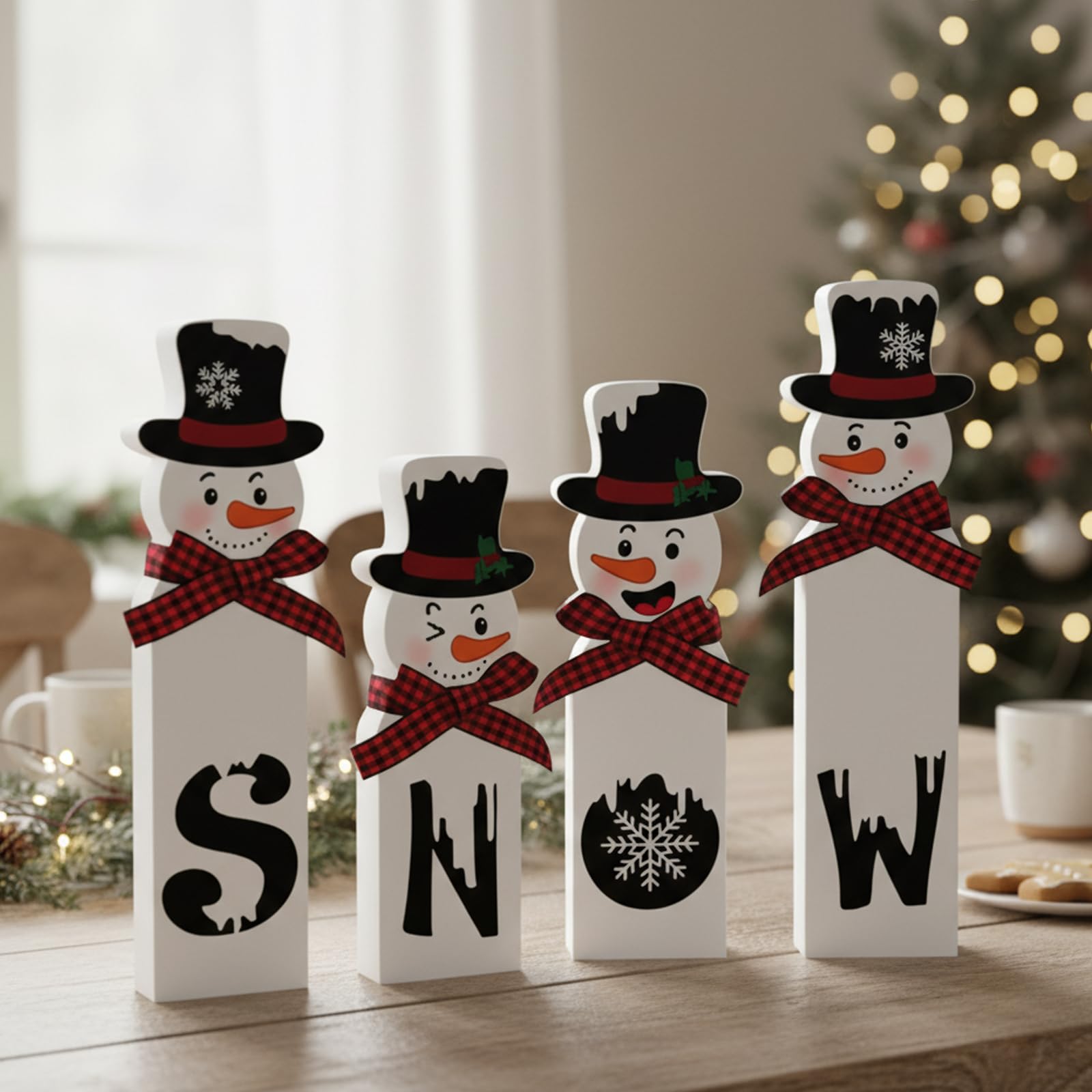 QhgPnt Christmas Decorations, Set of 4 Snowman Tabletop Decor, Traditional Indoor Xmas Decorations, 15 cm Festive Holiday Centerpiece for Home and Kitchen