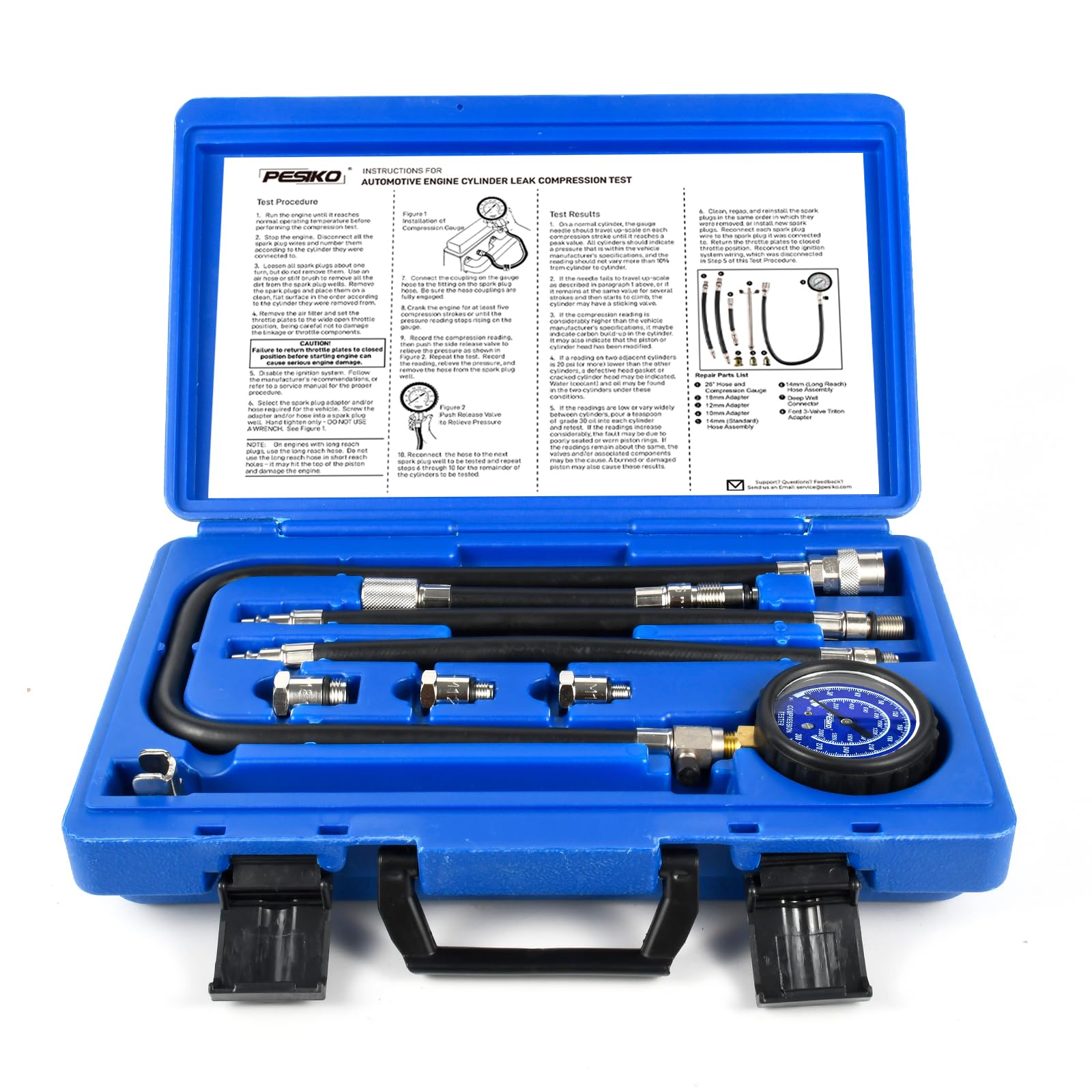 PESIKO Kompressionstester Set 0-300 psi / 20.7 Bar für Benzin-Motoren, Kompressionsprüfer Zylinder-Kompressionstester mit Zündkerzen-Adaptern als Druckverlustprüfer