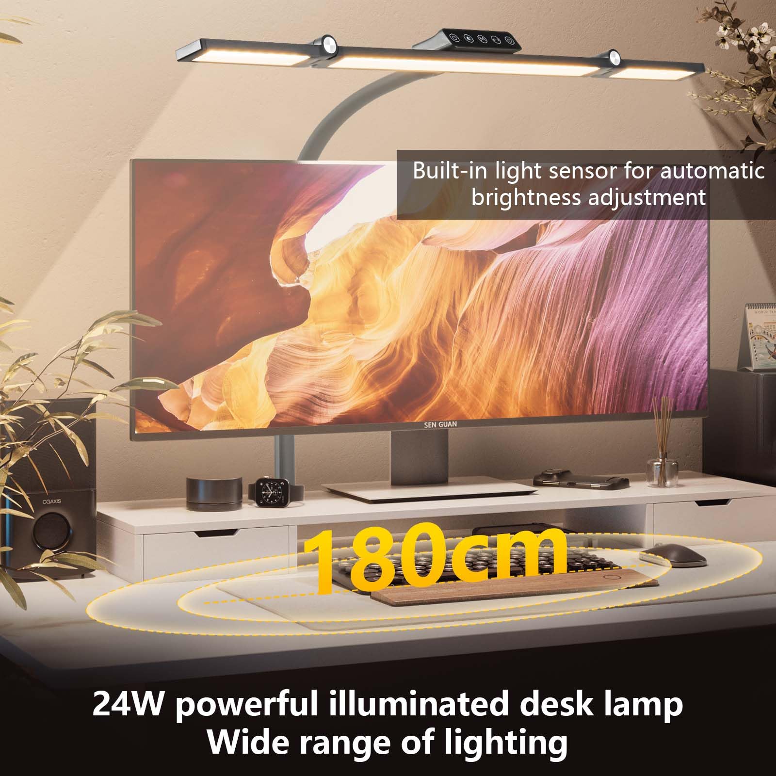 Lampada da Scrivania a LED, 24W Doppia Testa Luce per Monitor PC, Super Larga e Luminosa, 5 Temperatura Colore e 5 Livelli Luminosità