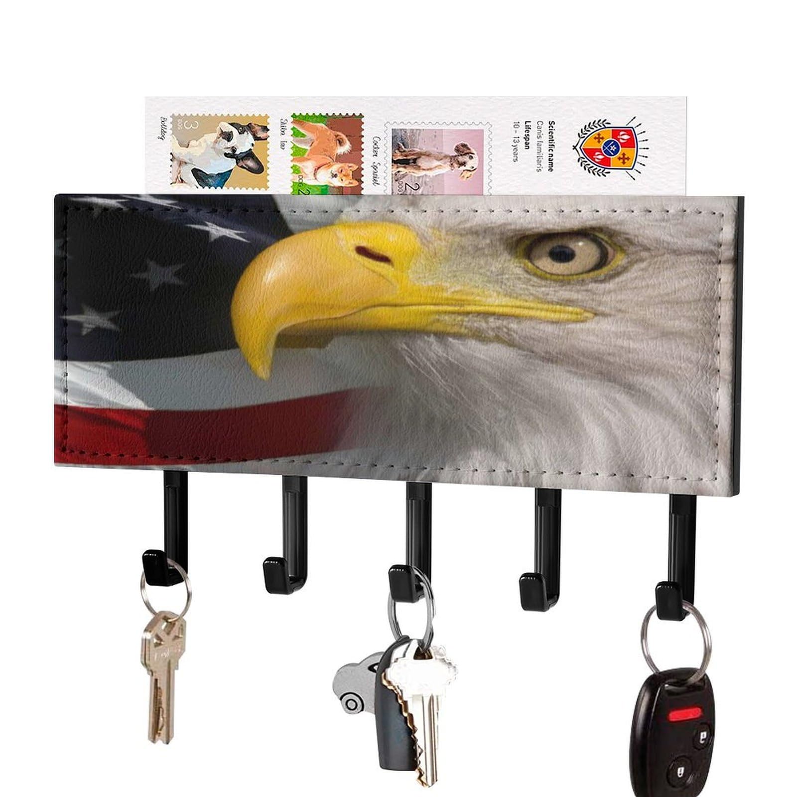 NCLQVJXZKHW Bald Ea-gles and Am-ericans-Flag Key Holder with 5 Hooks Key Hooks Wall Mounted Key Racks Key Hanger Organiser Shelf