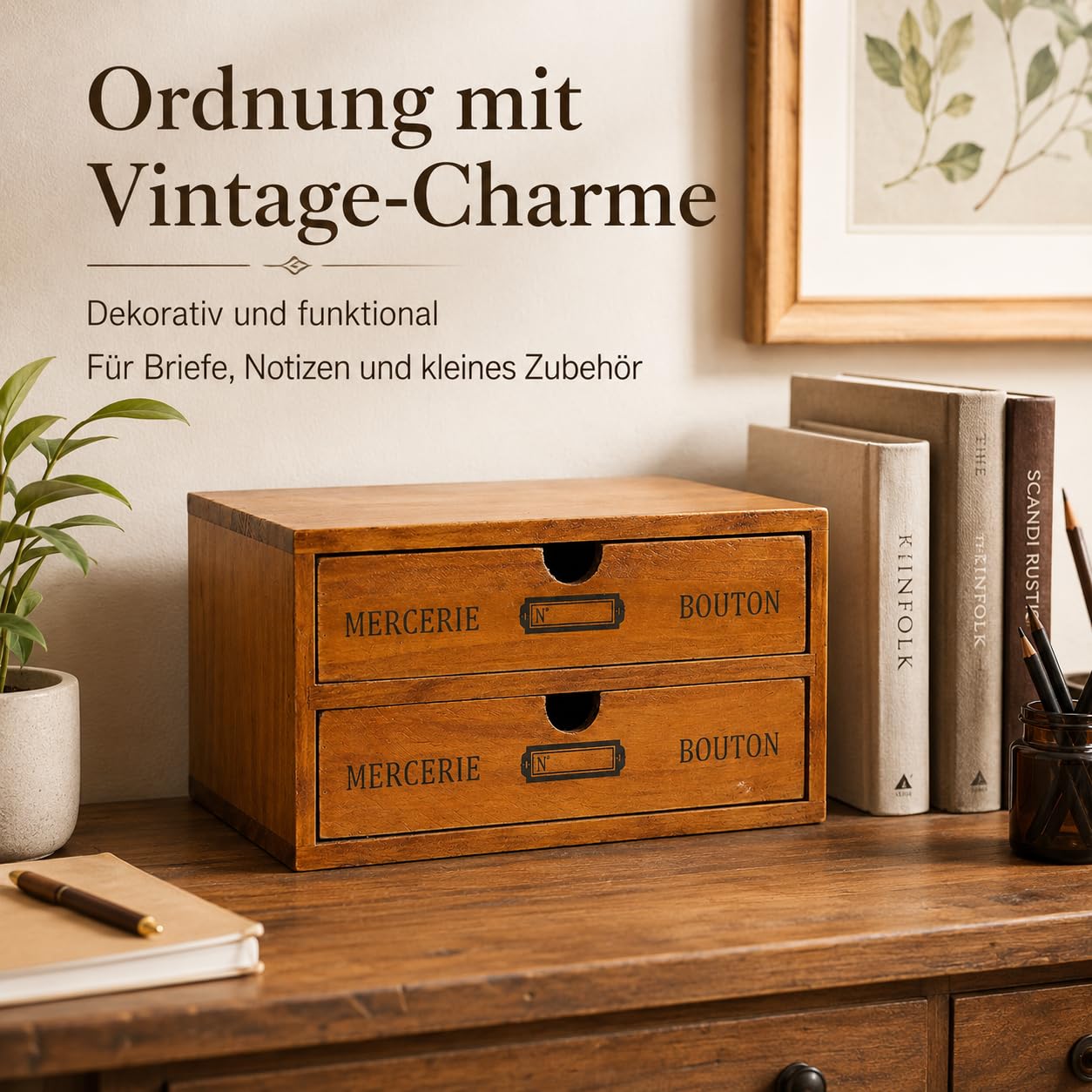 Schubladenbox Holz 24.5 x 17.5 x 12.5 cm Vintage Stil doppelschichtig stabile Aufbewahrung Schreibtisch Organizer für Büro Wohnzimmer Schlafzimmer Ordnung