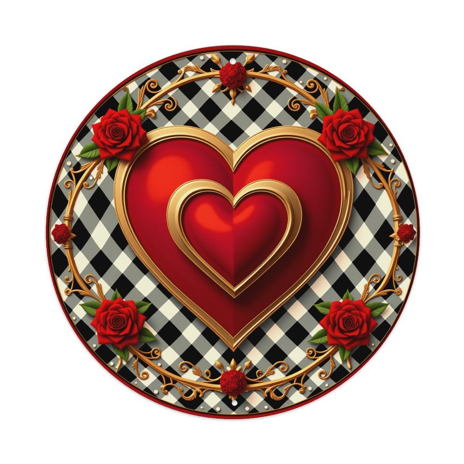 Heart Rose Checkered Gold Round Tin Sign Vintage Metal Poster, Home Bar Garage Man Cave Cafe Indoor & Outdoor Wall Decoration 8x8Inches