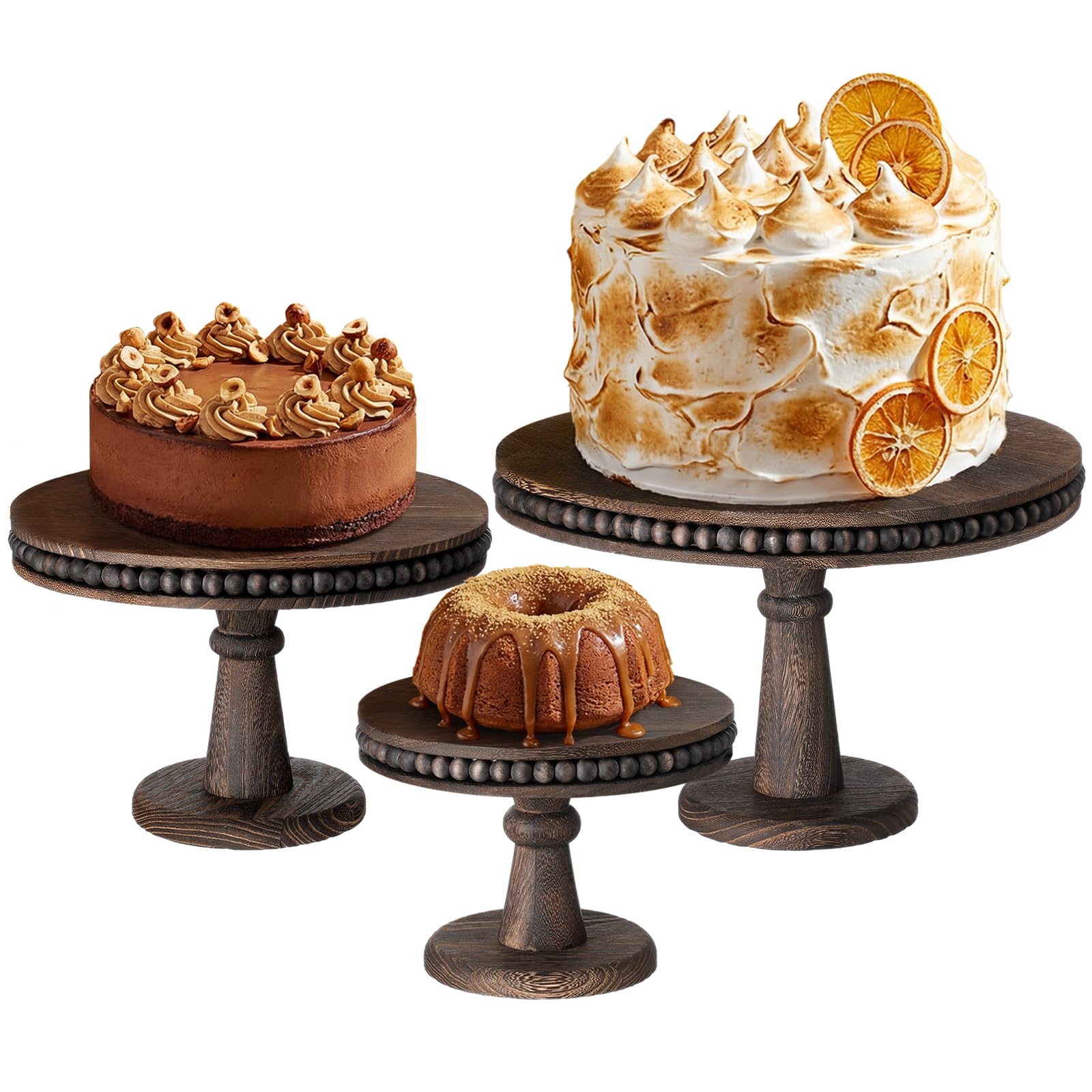 Photo 1 of AceOrbit 3 Pcs Round Wood Cake Stand Set Beaded Rustic Farmhouse Cupcake Pedestal Stand 8/10/12 Inch Dessert Display Serving Tray for Wedding Birthday Decoration Party Restaurants