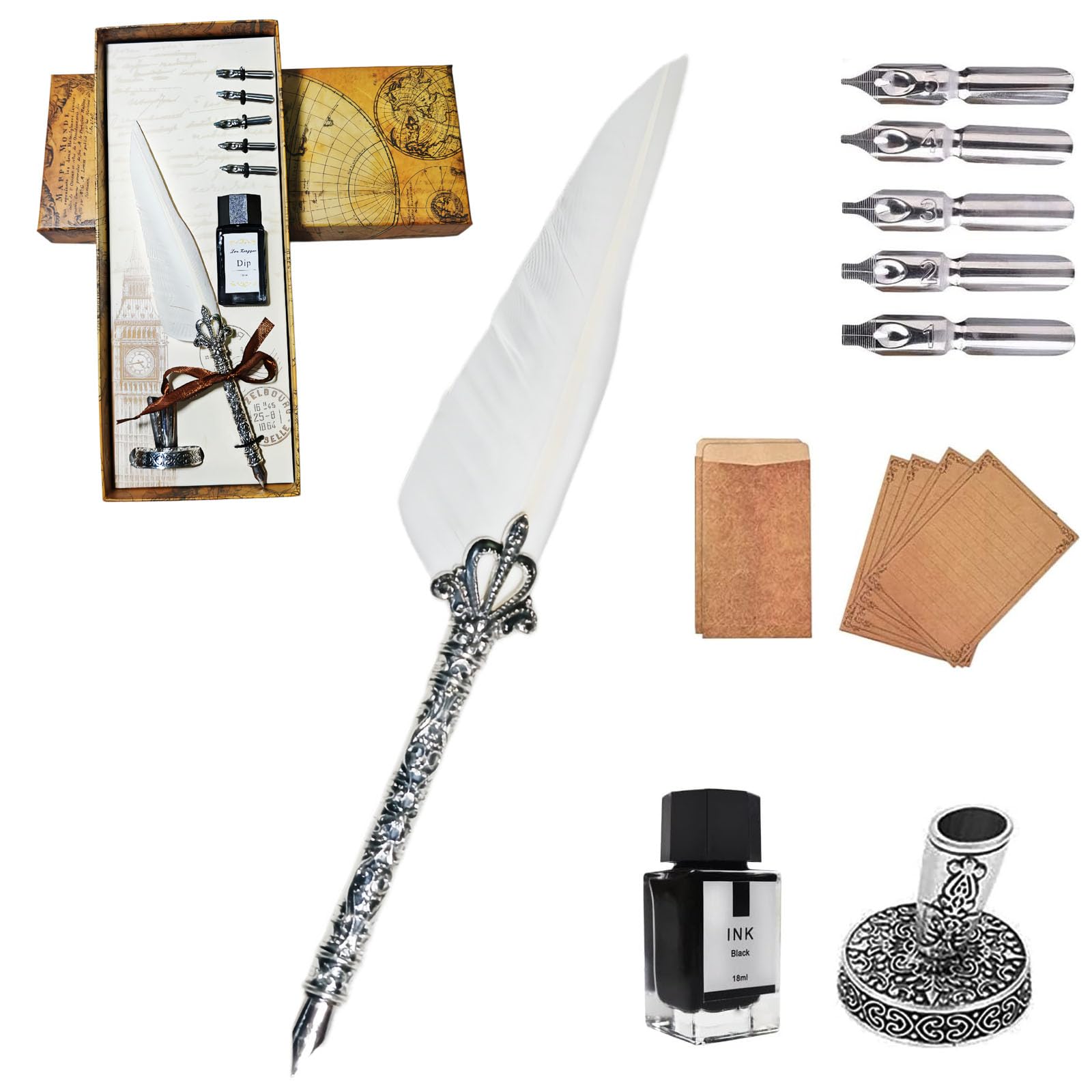 AOMAYLL Feather Pen Ink Set, Vintage Dip Pen with Ink (White)