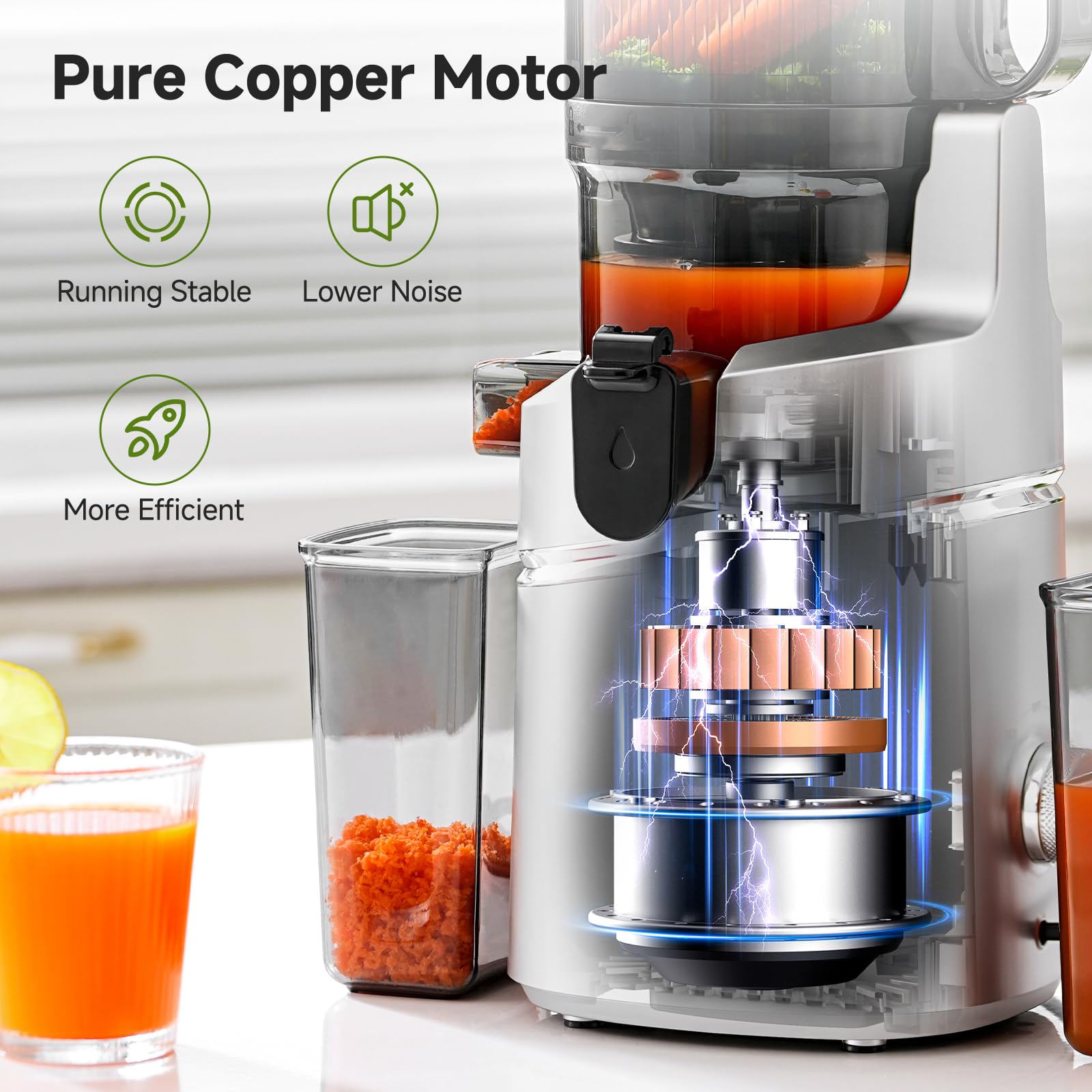 AMZCHEF 250W Automatischer All-In-One Entsafter, 145MM Öffnung und 1,8L entsafter für Gemüse und Obst, Kaltpresse Slow Juicer Testsieger mit Dreifachem Filter - Silber