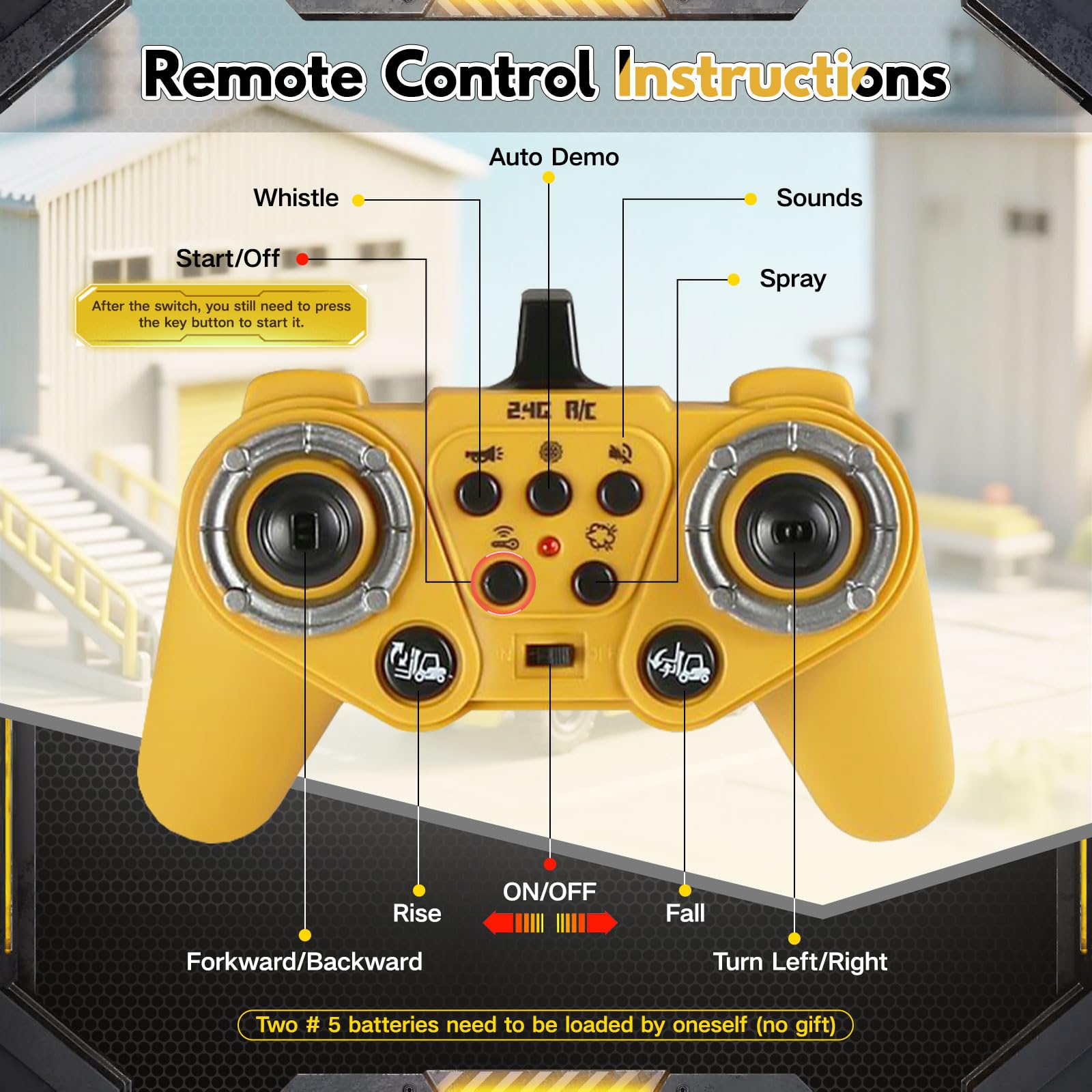 Carretilla elevadora teledirigida 1:24 con remolque, vapor, luces y sonidos, modo grúa, 2 baterías recargables USB, camión RC para niños a partir de 3 años, regalo divertido para cumpleaños o fiestas.
