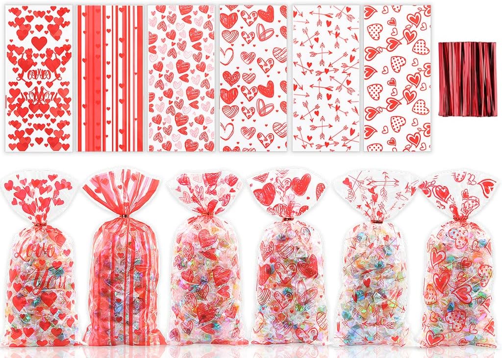 Boerni Valentine Cellophane Plastic Candy Cookie Treat Goodies Gift Heart Bags 120pcs And Gold Twist Ties for Valentine Party Supplies