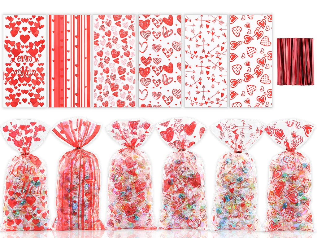 Boerni Valentine Cellophane Plastic Candy Cookie Treat Goodies Gift Heart Bags 120pcs And Gold Twist Ties for Valentine Party Supplies