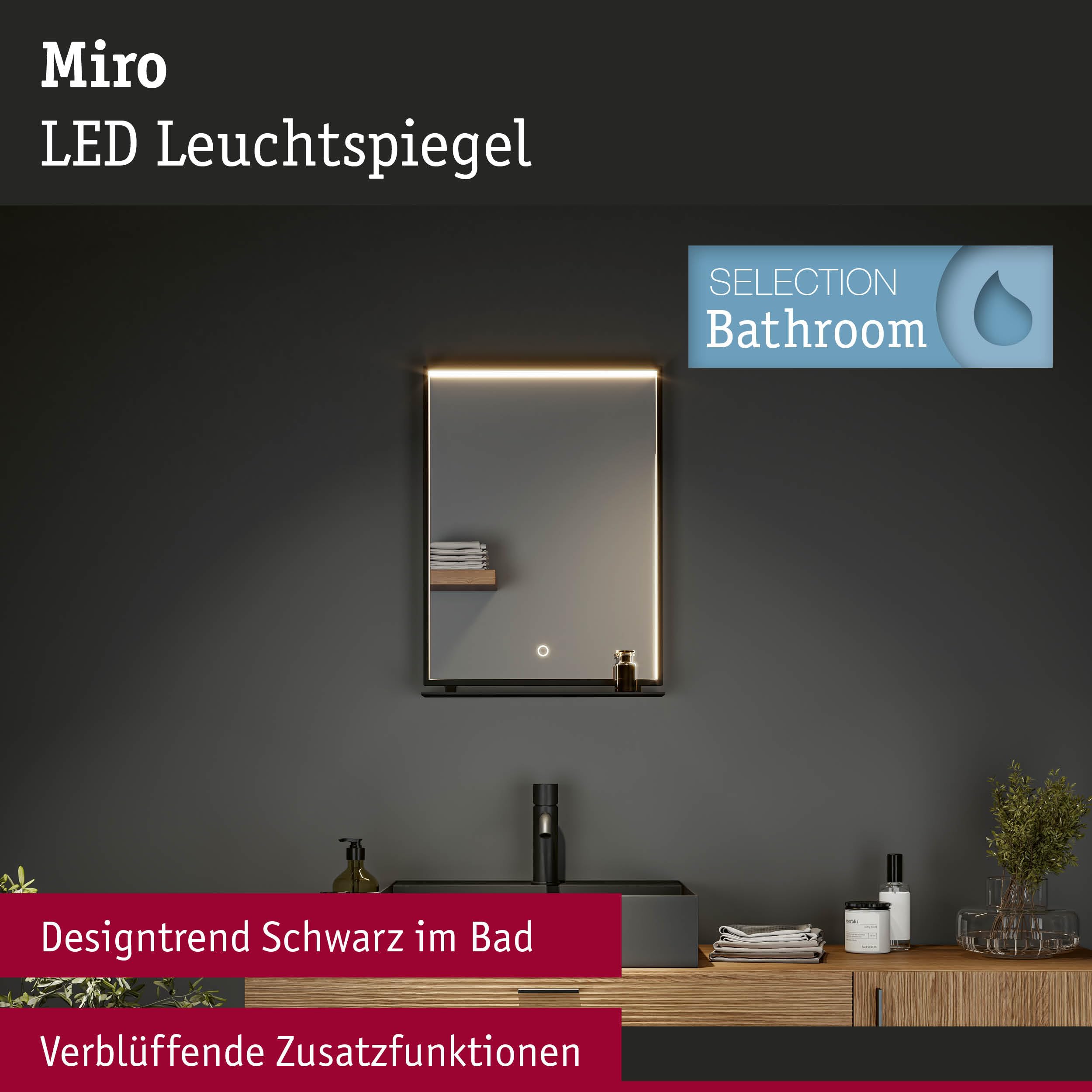 Paulmann 71093 LED Leuchtspiegel Miro IP44 Tunable White 180lm 230V 11W LED Spiegel, Schwarz matt Badleuchte