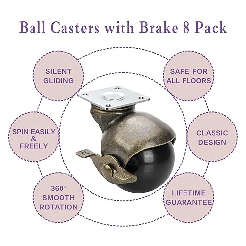 Miniatura 5 de JGJC Ruedas giratorias de latón antiguo de 2 pulgadas con freno juego a granel de 8 unidades  Ruedas de bolas sólidas resistentes  Ruedas giratorias