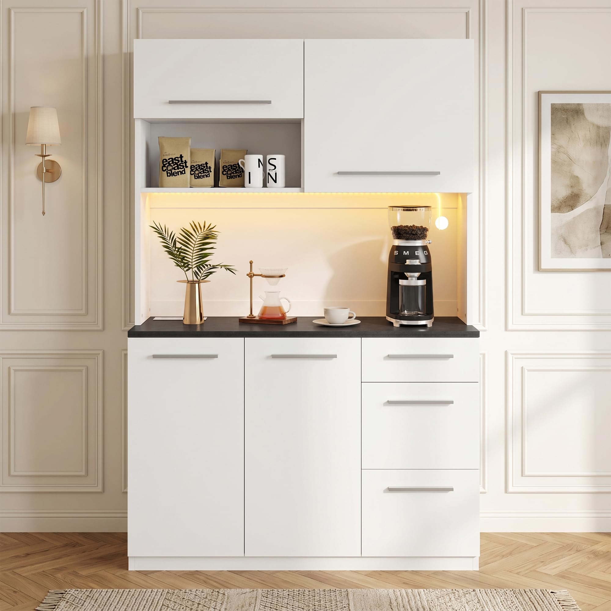 Küchenschrank mit Arbeitsplatte und LED-Beleuchtung und USB, Weiß
