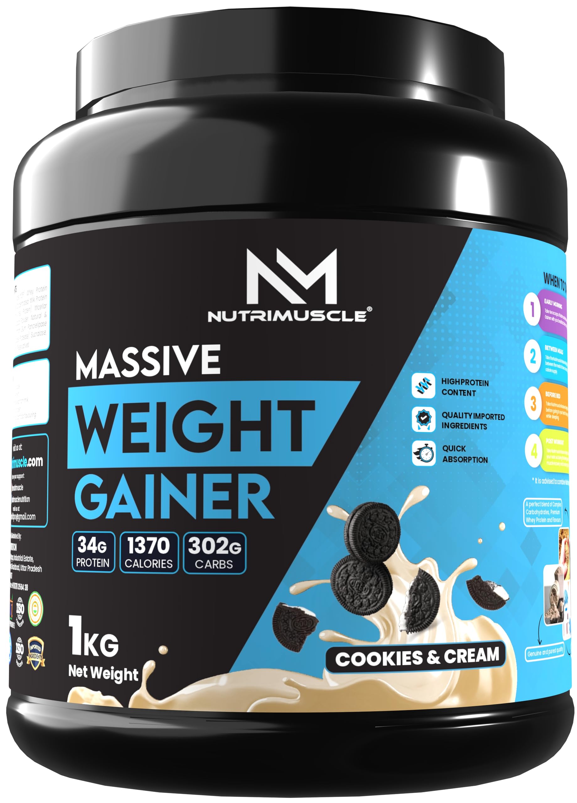 Nutrimuscle ® Massive Weight Gainer - 1 Kg - Cookies and Cream Flavour - Contains Complex Carbohydrates for Healthy Weight Gain