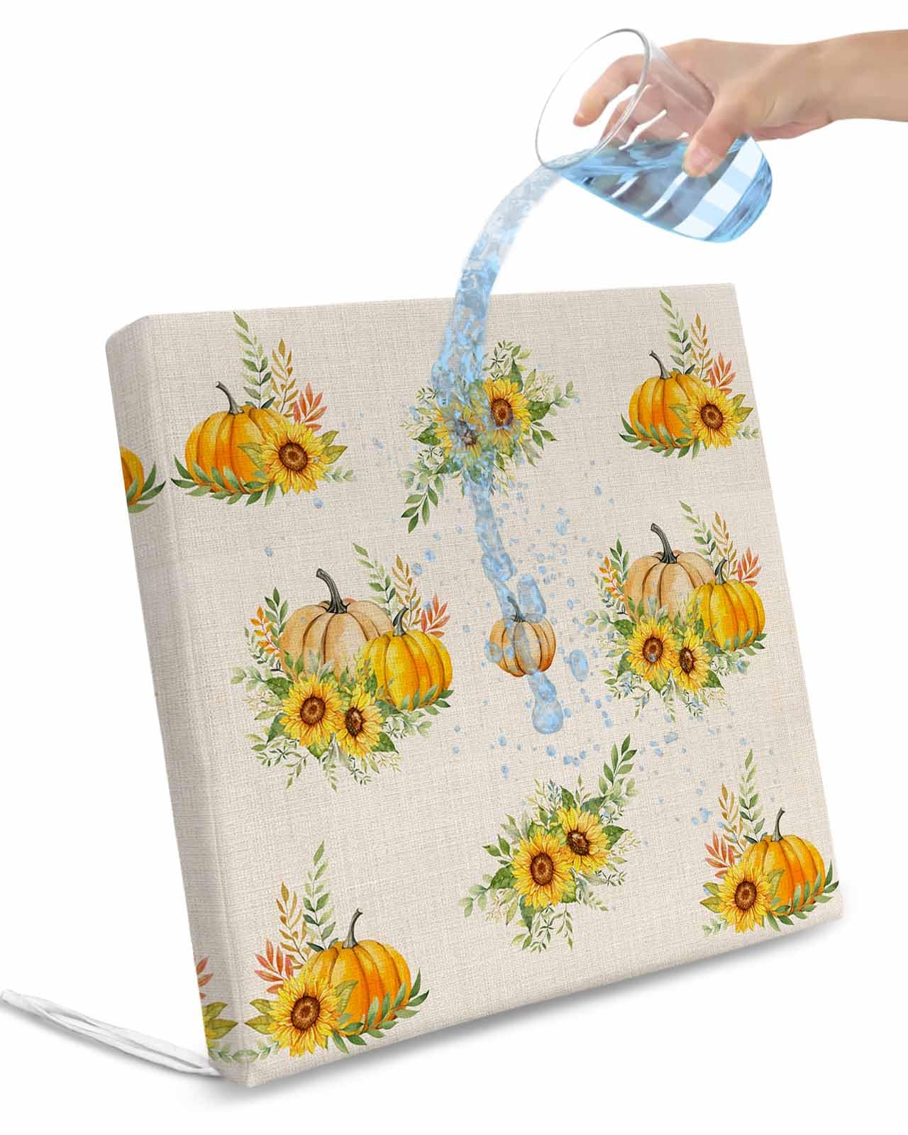 Homechoid Fall Pumpkins Indoor Outdoor Couch Cushion Covers Replacement 2 Pack, Thanksgiving Botanical Sunflowers Rustic Waterproof Chair Sofa Seat Cover with Ties 20x18x4