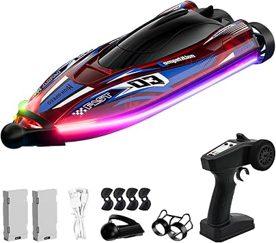 RC Boat for Kids, Brushless Remote Control Boat with LED Light,25KM/H 2.4GHz Racing Speed Boats with 2 Batteries - Pool &Lakes Summer Water Play Toy for Boys Girls Adults Red
