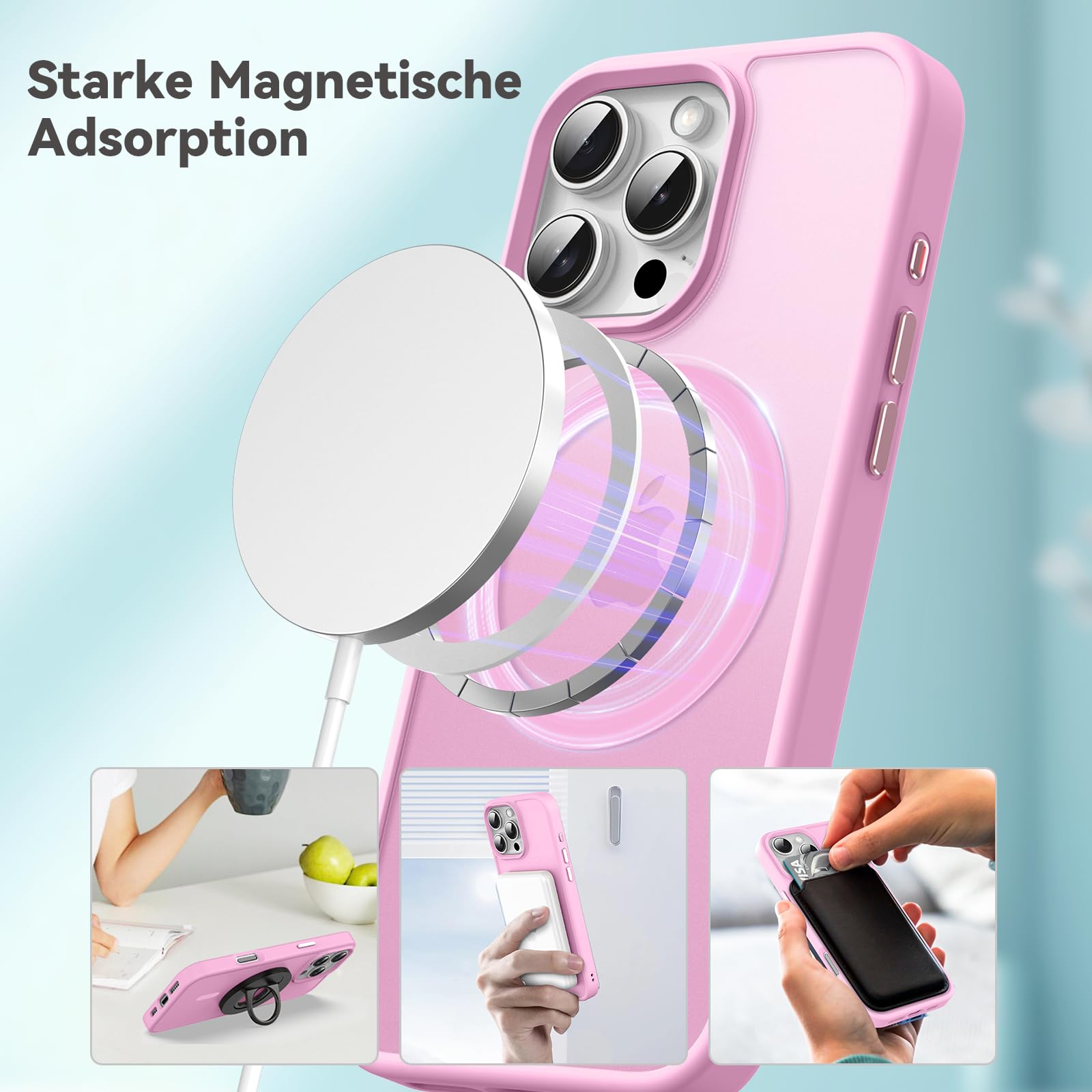 Natiiozie Magnetica Cover Compatibile con iPhone 16 Pro Compatibile con MagSafe Custodia Traslucida Opaca Posteriore,Anti-impronta Resistente ai Graffi Protettiva Case Rosa