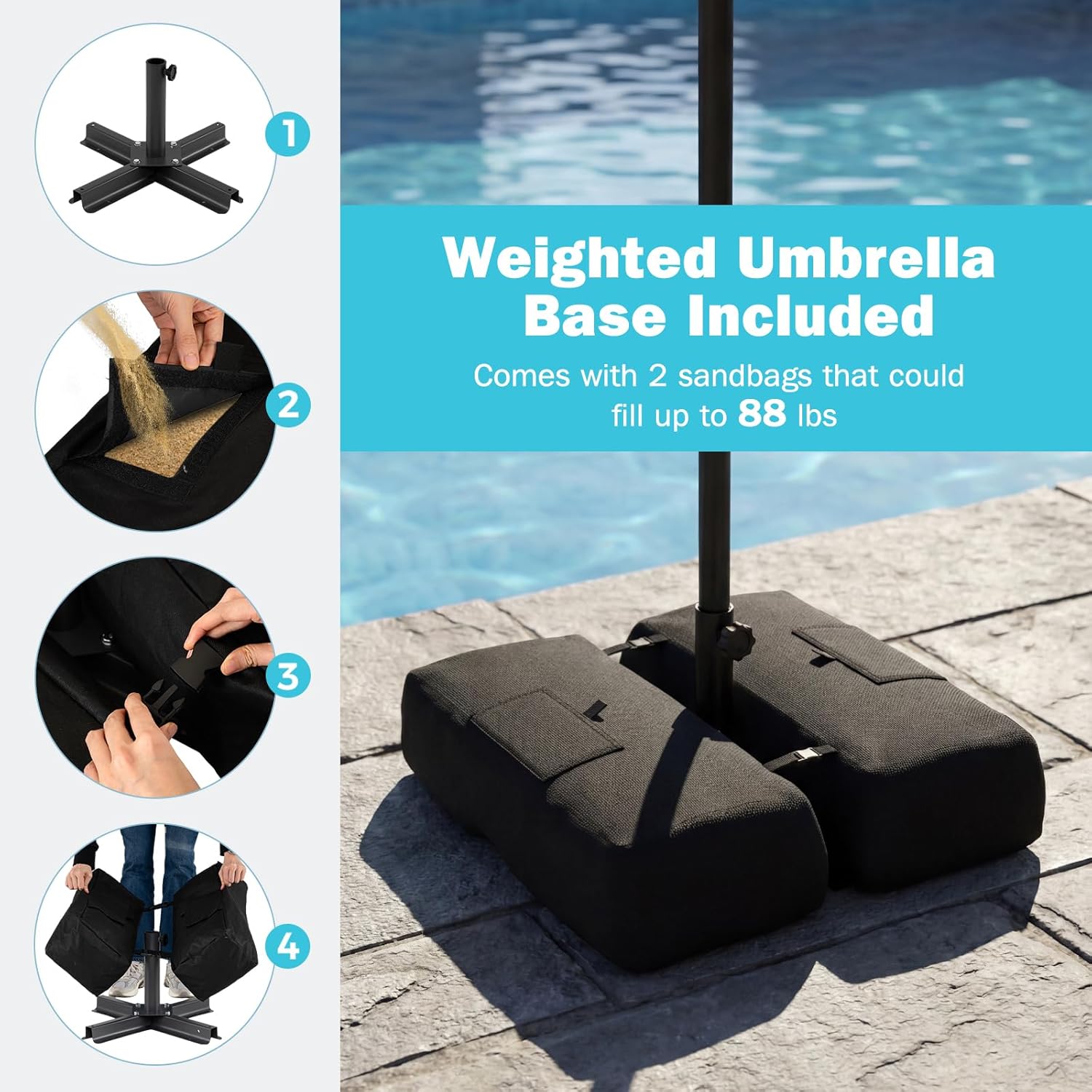 Tangkula 9 FT Patio Umbrella with Base Included, 2-Tiers Outdoor Scalloped Table Umbrella with 2 Sandbags, Tilt Adjustment, Crank, 8 Ribs for Market Backyard Pool Deck Beach Lawn