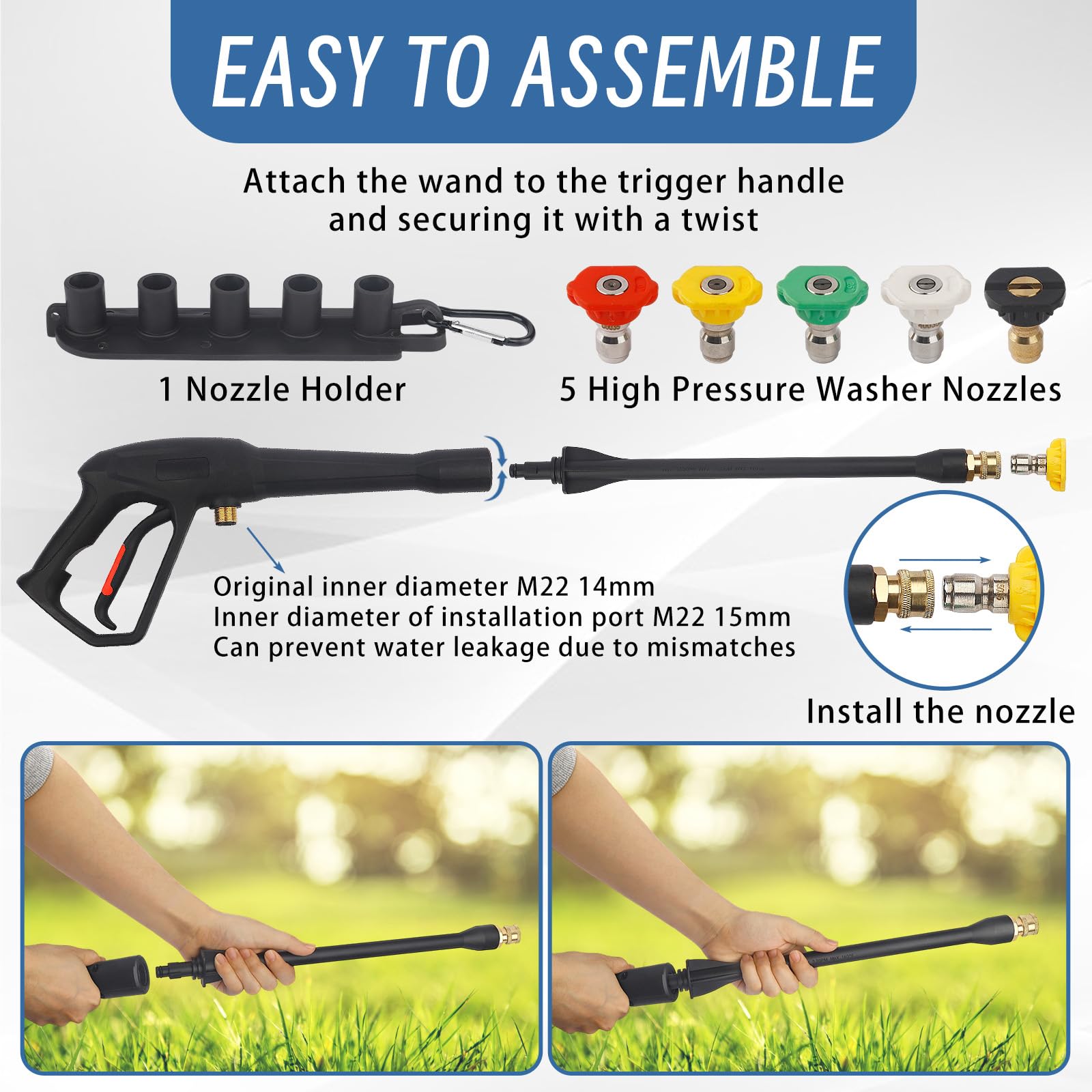 Kit pistola a spruzzo per idropulitrice con bacchetta di estensione e 5 punte per ugelli a connessione rapida, include adattatori M22-14 mm e M22-15 mm per compatibilità universale per la casa e il