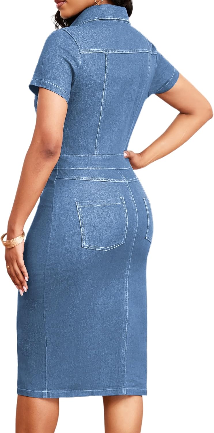 SeNight Women Denim Dresses Elegant Sexy Short Sleeve Jean Party Dress - Image 3