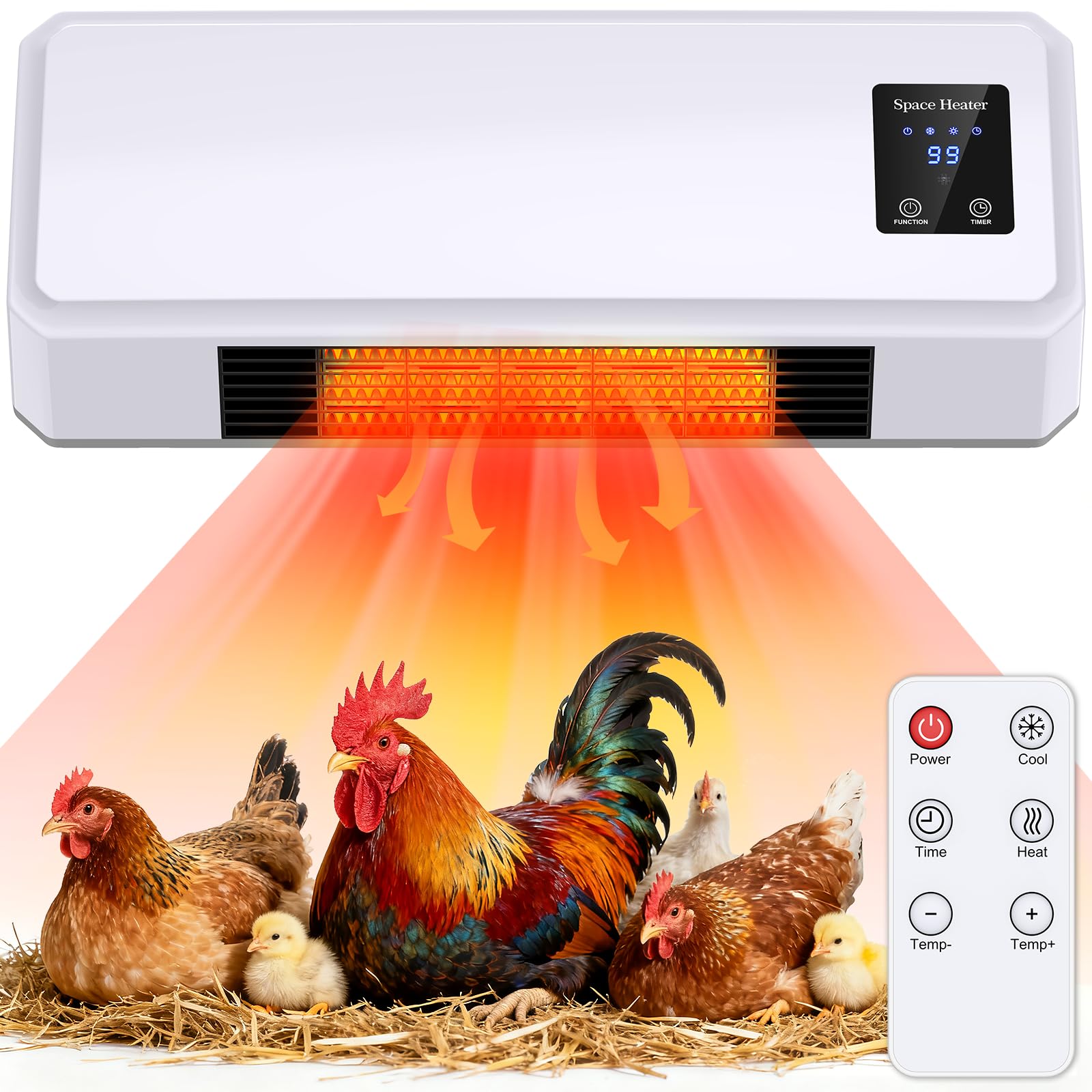 Photo 1 of 1500W Chicken Coop Heater for Winter, 2 Mode Wall-Mounted Chicken Heater with Timer & Remote Control, 3S Fast Heating & Large LCD Display, Heat Chicken Coop Warmer for Chickens, Ducks, Geese in Winter