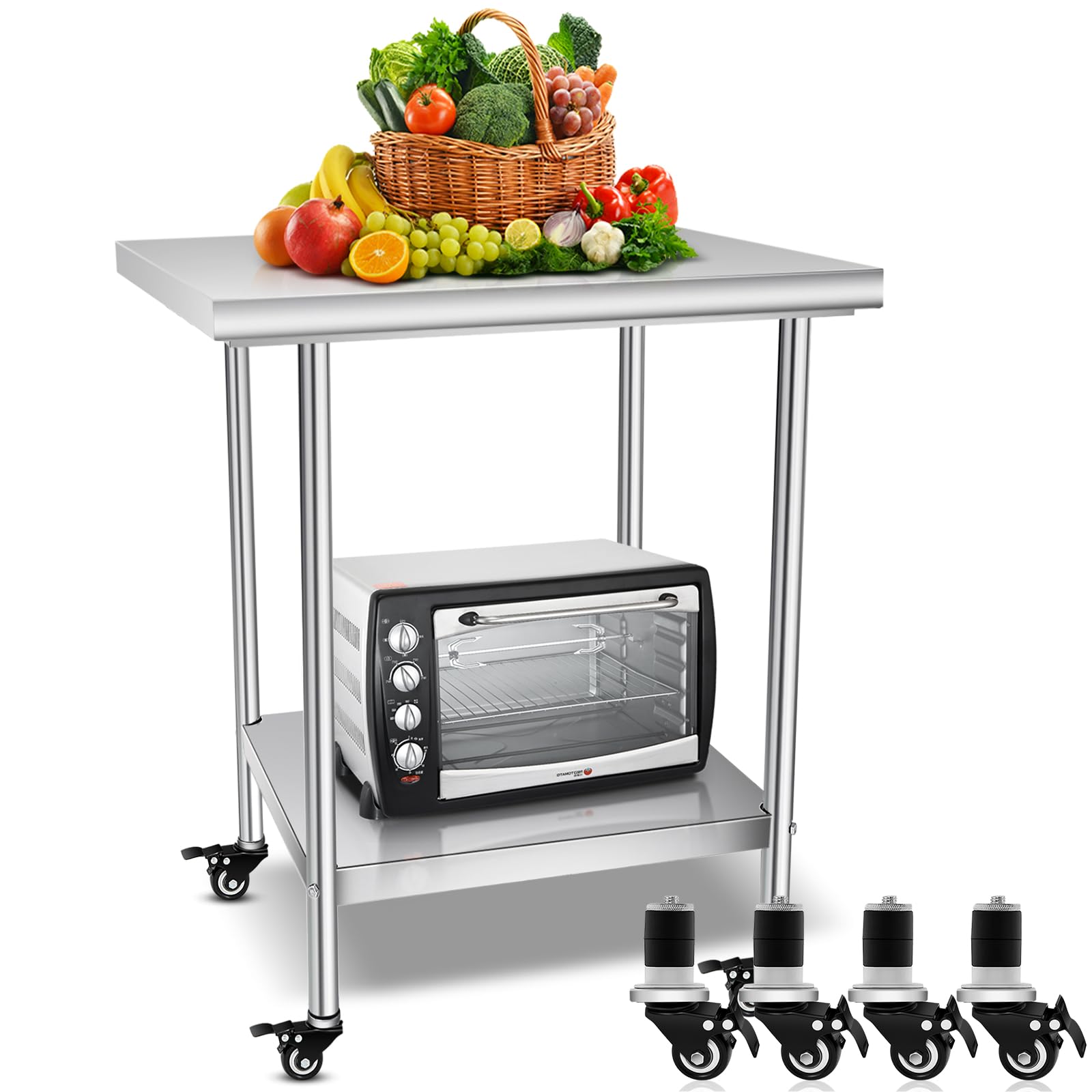 Qunclay Stainless Steel Table with Wheels Prep Table with 4 Casters Heavy Duty Stainless Steel Cart with Wheels Metal Work Table for Kitchen Restaurant Commercial (39 x 24 x 32 Inch)