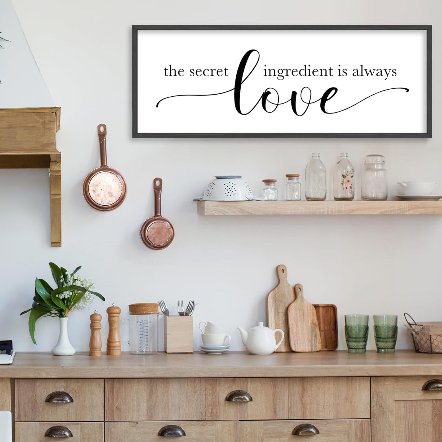 YWJKWLGS Funny Kitchen Wall Decor Art The Secret Ingredient Is Always Love Sign 32x12 Inch Dining Room Plaque Heartwarming Quote for Mother's Day Large Rustic Wooden Framed Wall Hanging (Black)