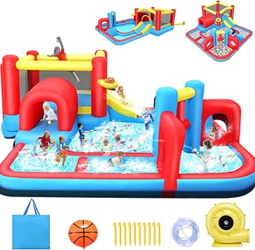 Whuebfy Water Slide Bounce House, 8 in 1 Water Park w/Inflatable Obstacle Course, Slide, Jumping Area, Tunnel & Water Cannon, 14.3x14.3 Ft Water Park Fun for Kids, Hold 3-5 Kids with Blower