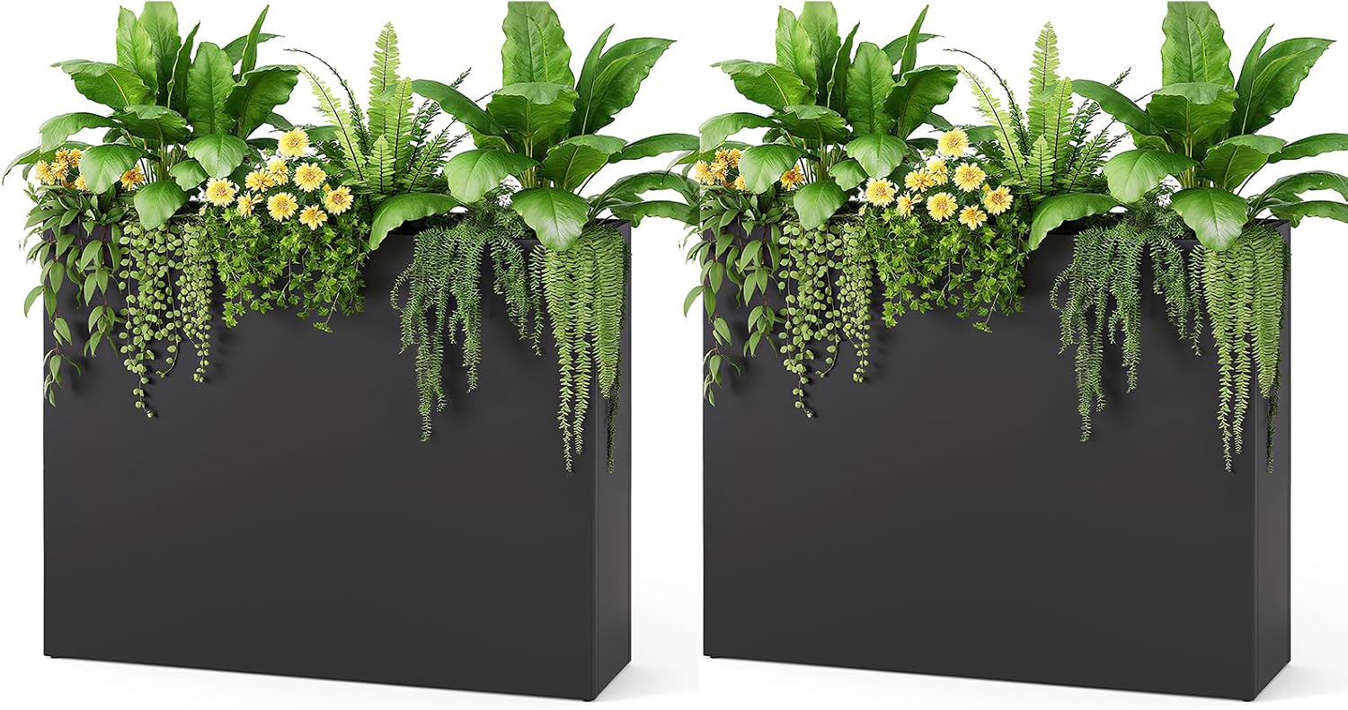 Stoog 38" Metal Tall Rectangular Planters Set of 2 - All-Weather Planter Box for Indoor/Outdoor Use, with Removable Insert Shelf, for Plants, Flowers, Garden, Black