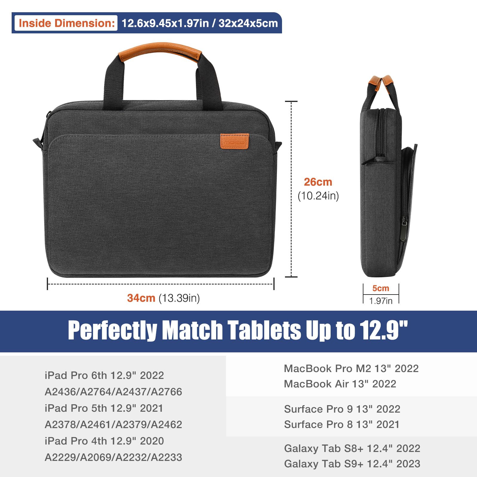 MoKo Custodia Borsa per Tablet da 12.9 inch, Custodia Morbida con Maniglia e Tracolla Compatibile con iPad Pro 12.9 M2 2022/2021/2020/2018, Borsa con Tasche Multiple, Nero & Grigio