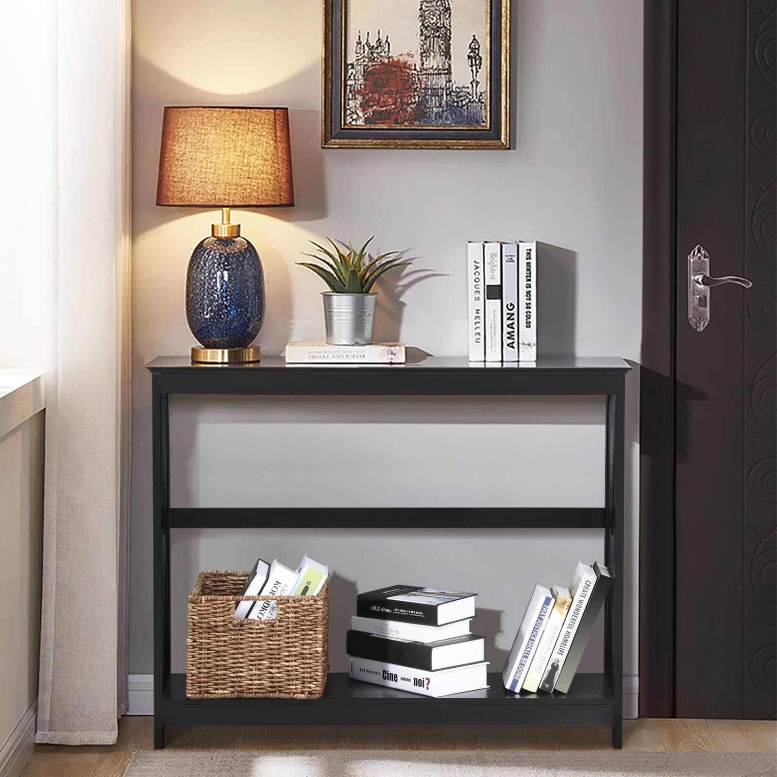 Yaheetech Table Console Table d'Entrée en Bois Meuble de Salon, Moderne, avec 2 Etagères de Rangement, Structure en X, pour Petits Espaces, Salon, Couloir, 102 x 30 x 81 cm, Noir
