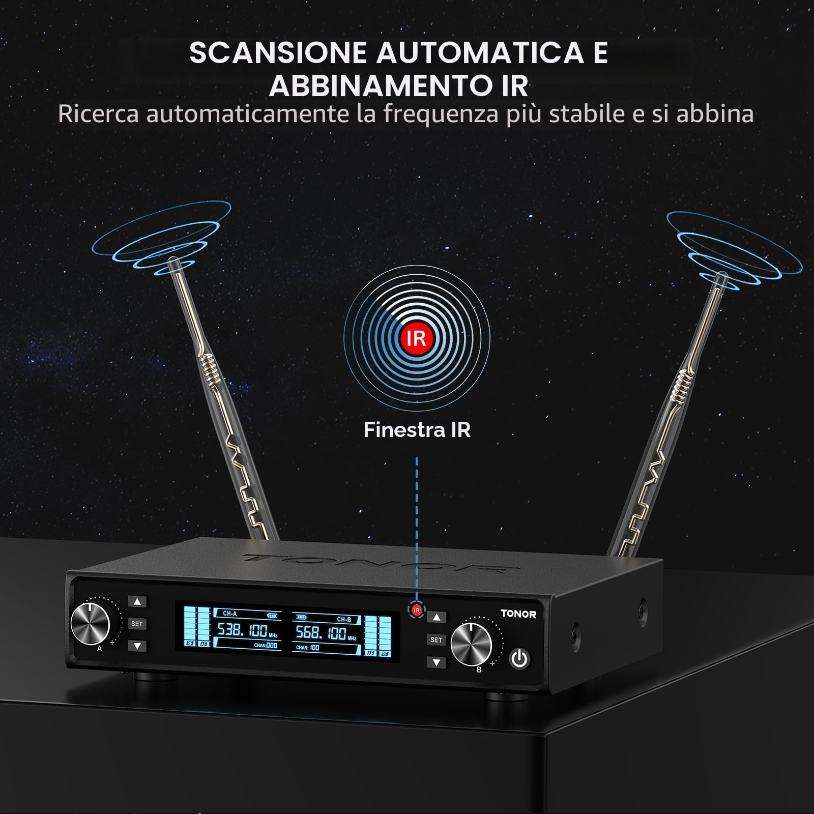 TONOR Sistema Microfono Wireless, Microfono Ricaricabile Professionale, Microfono Dinamico Cordless in Metallo 2x100 UHF per Karaoke, Chiesa, Canto, Matrimonio, Riunione, DJ, Auto Scan, 80 M,TW550