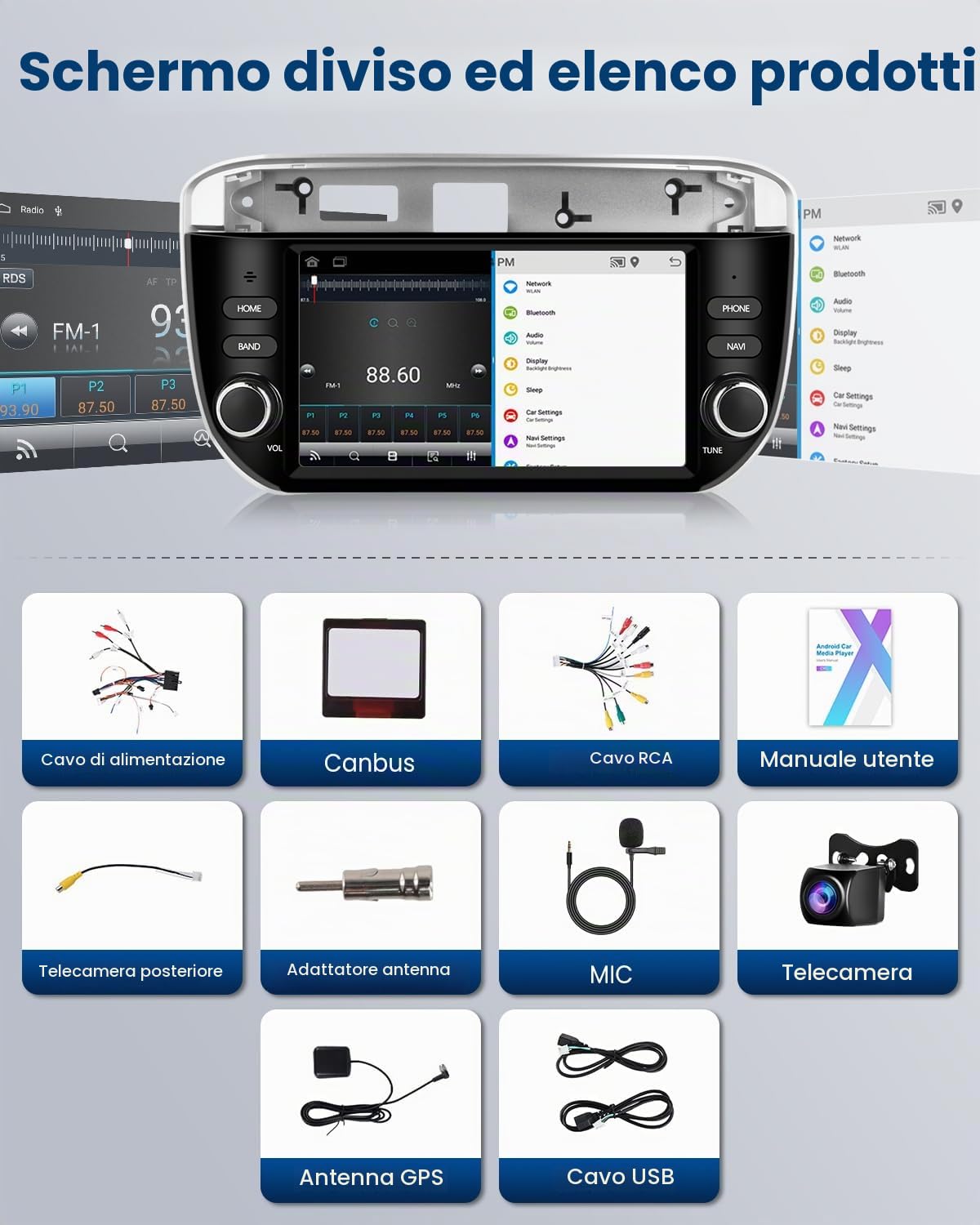 4 Core 64G Android Autoradio per FIAT Linea Punto Evo Linie 2012-2015 Wireless Carplay Android Auto 7 Pollici Autoradio con GPS Navi WiFi Mirror Link Bluetooth FM/RDS/EQ/USB/SWC Telecamera Posteriore
