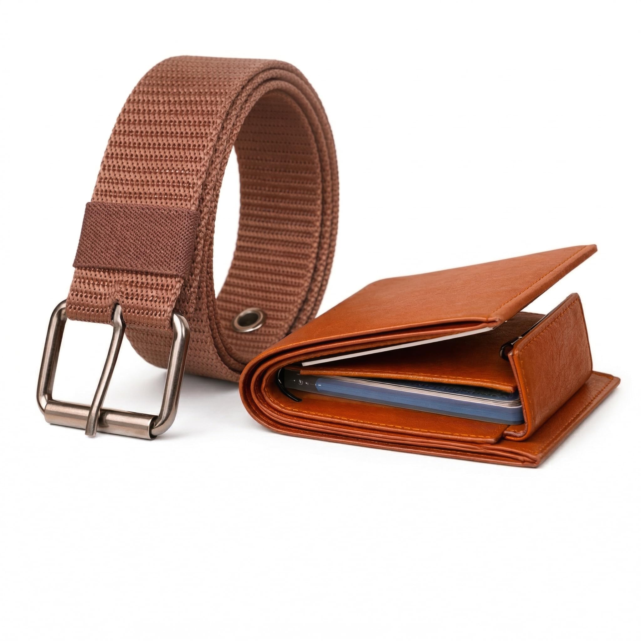 Men's Grey Nylon Belt with Pin Buckle & Black Artificial Leather Wallet Set-image-11