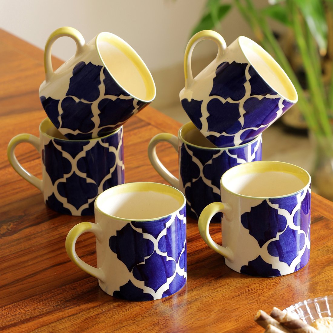 ExclusiveLaneOcean Caffeine Hangouts' Hand-Painted Ceramic Tea Cups Set of 6 for Tea Party, Housewarming Gift | Coffee Cups Set of 6 for Coffee, Milk (Blue, White & Yellow, 200 ML, Set of 6)