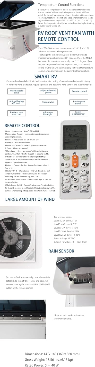 14'' RV Roof Vent 12V 10 speeds Reversible Fan Auto Remote Control Removable Insect Net RV Caravan Trailer Van (Smoke Lid)