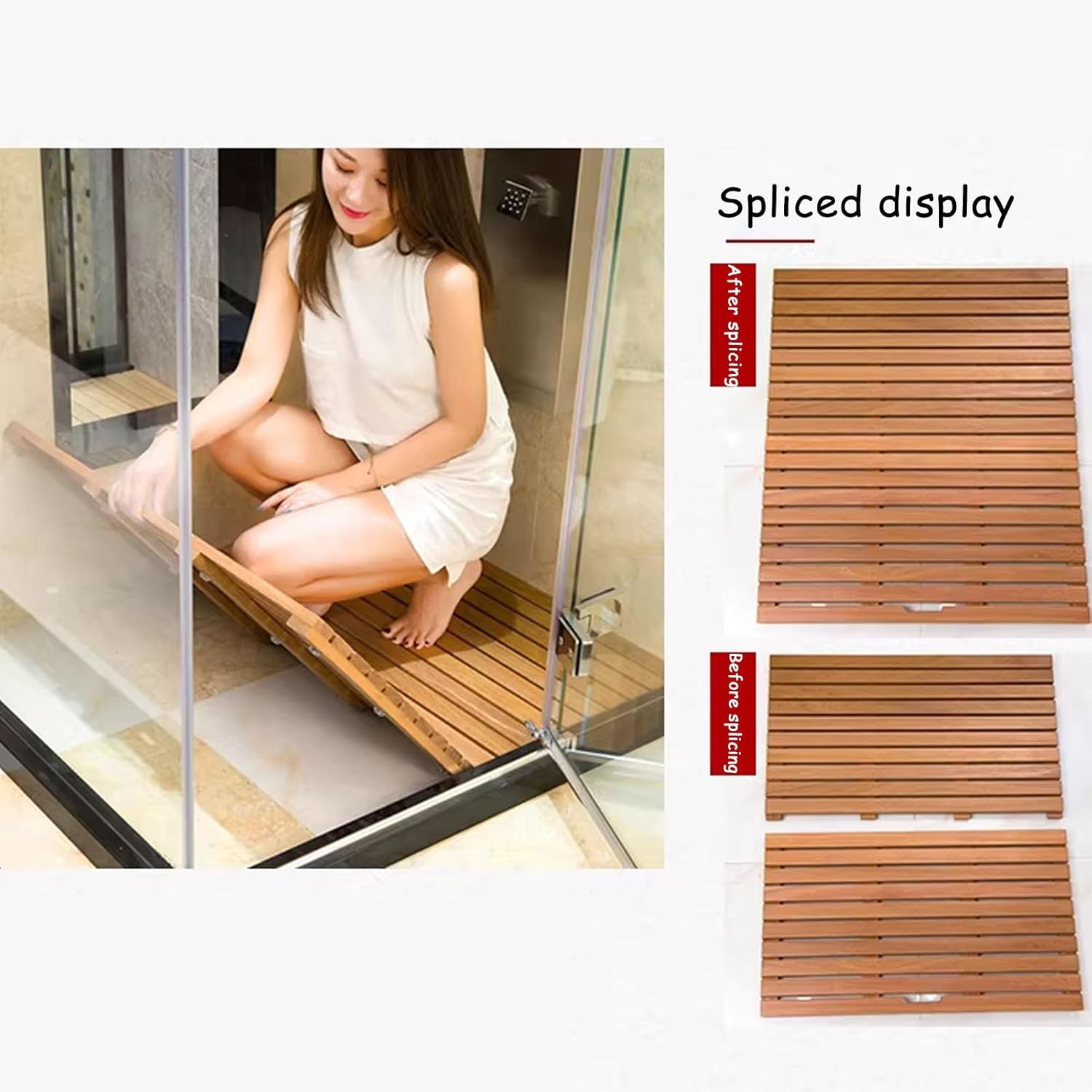 Square Teak Wooden Bath Mat, Non-Slip Raised Shower Platform, Teak Oil Finish for Bathtub/Inside Outside Showers/Spa/Sa(15.7x39.3 in/40x100cm)