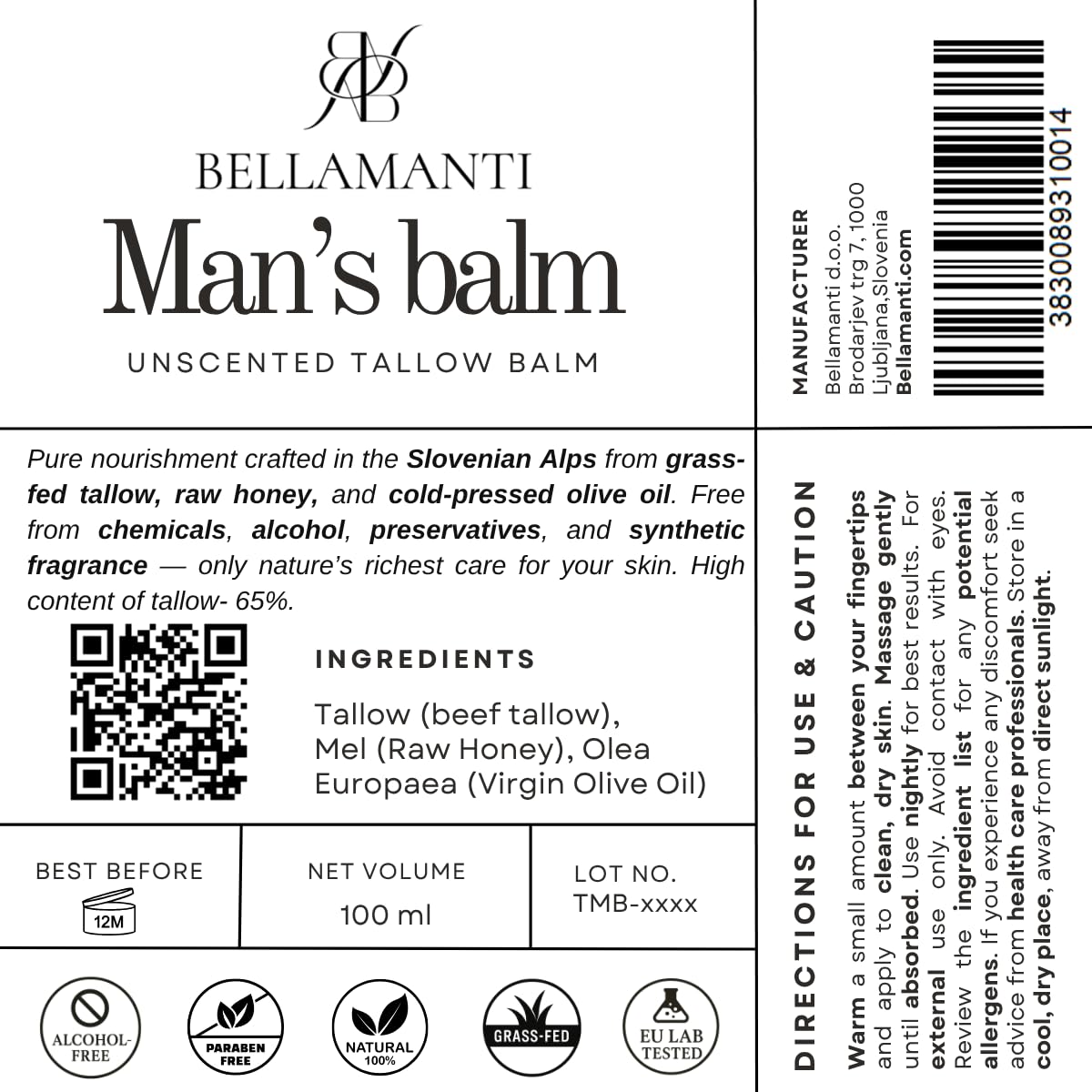 Beef Tallow Balm, Grass-Fed- Rindertalg creme, 100% grasgefütterter, Formel für Männer, Unparfümiert, handgefertigt aus den Julischen Alpen, Bellamanti, 100ml