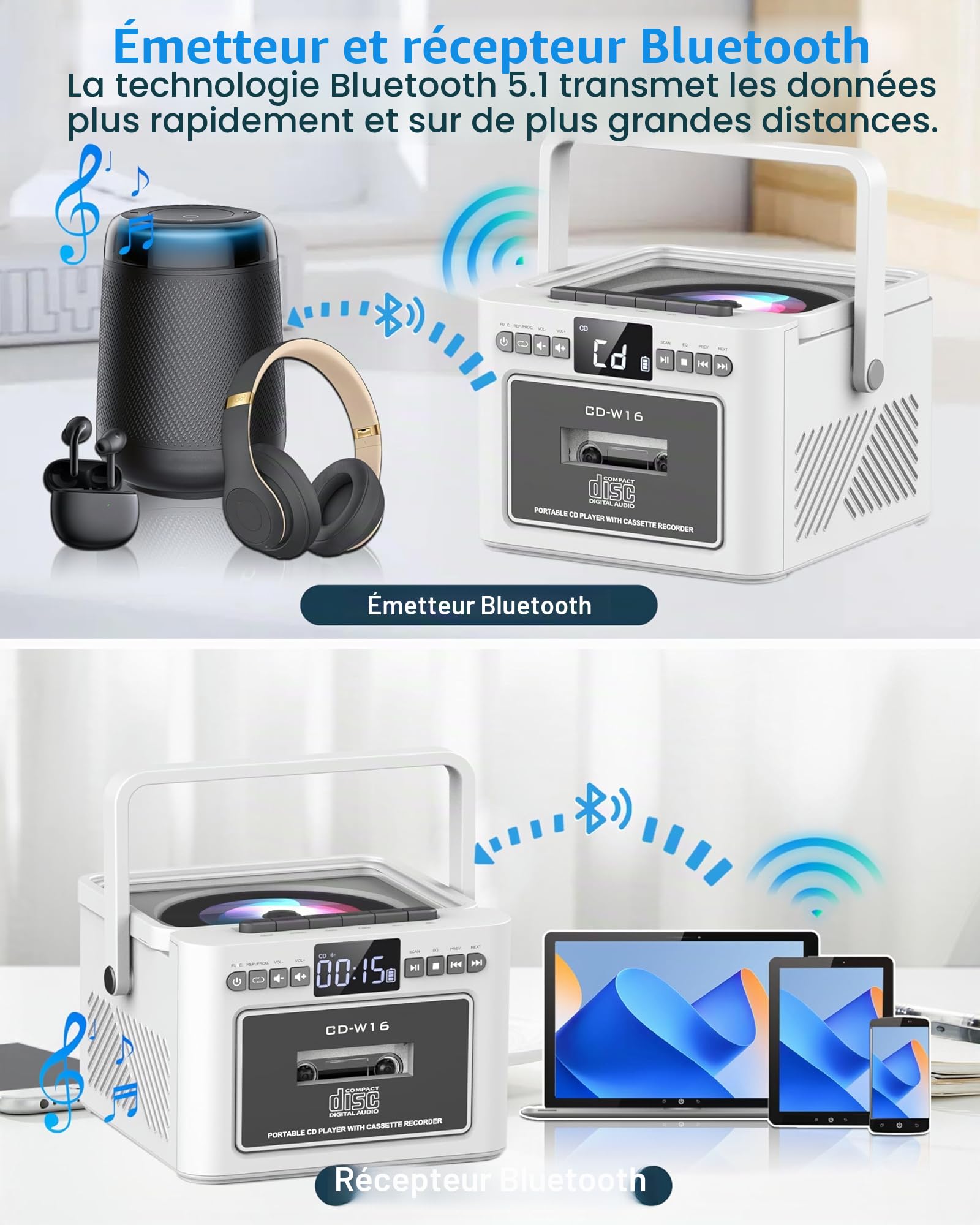 Greadio Lecteur CD Portable, Lecteur Cassette Audio, Bluetooth, Télécommande, Radio FM, AUX/USB/SD Card-in, Batterie Rechargeable 5000mAh, Haut-Parleurs 5W, écran LED (Blanc)