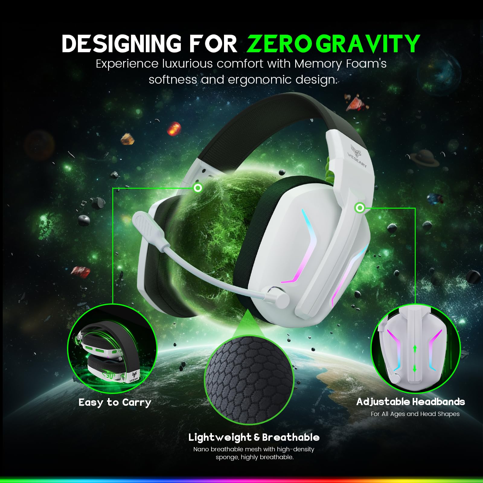 WESEARY WG1 Wireless Gaming Headset für Xbox Series X/S, Xbox One, PC, PS5, PS4, Switch, Mac, 2,4GHz Wireless & Bluetooth Headset mit Mikrofon, Low Latency, Noise Cancelling, LED Light, 50h Akku