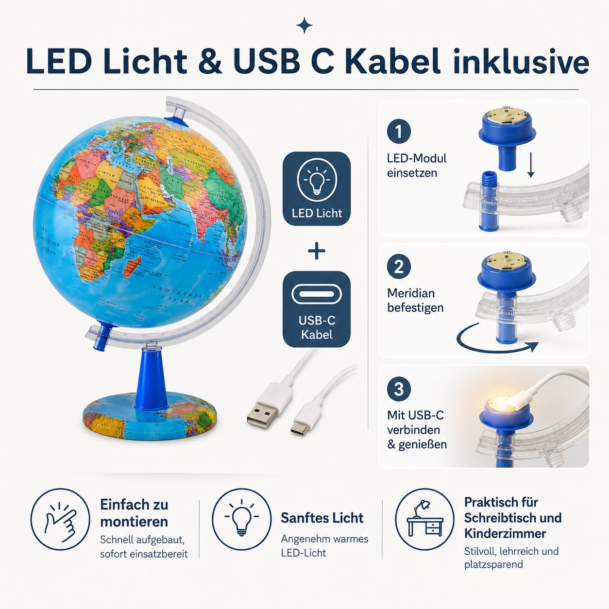 Leuchtglobus 20 cm Deutsche Karte Schülerglobus LED Licht | Mit USB C Beleuchtung 20 Markierpins Geschenkbox und klarem Druck für Schule Zuhause Büro und Reiselustige