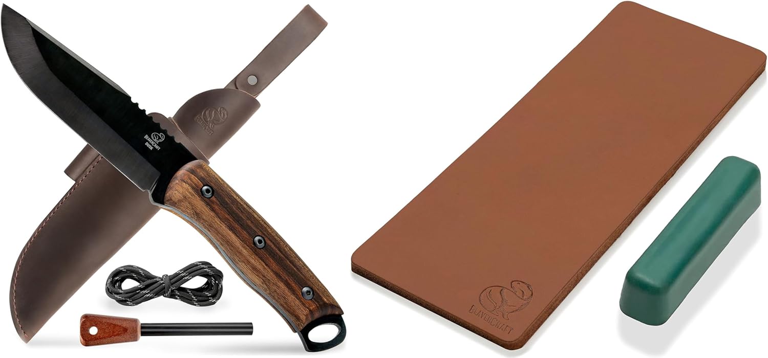 BeaverCraft BSH4F Bushcraft Knife LS2P1 Stropping Leather Strop for Knife Sharpening Strop