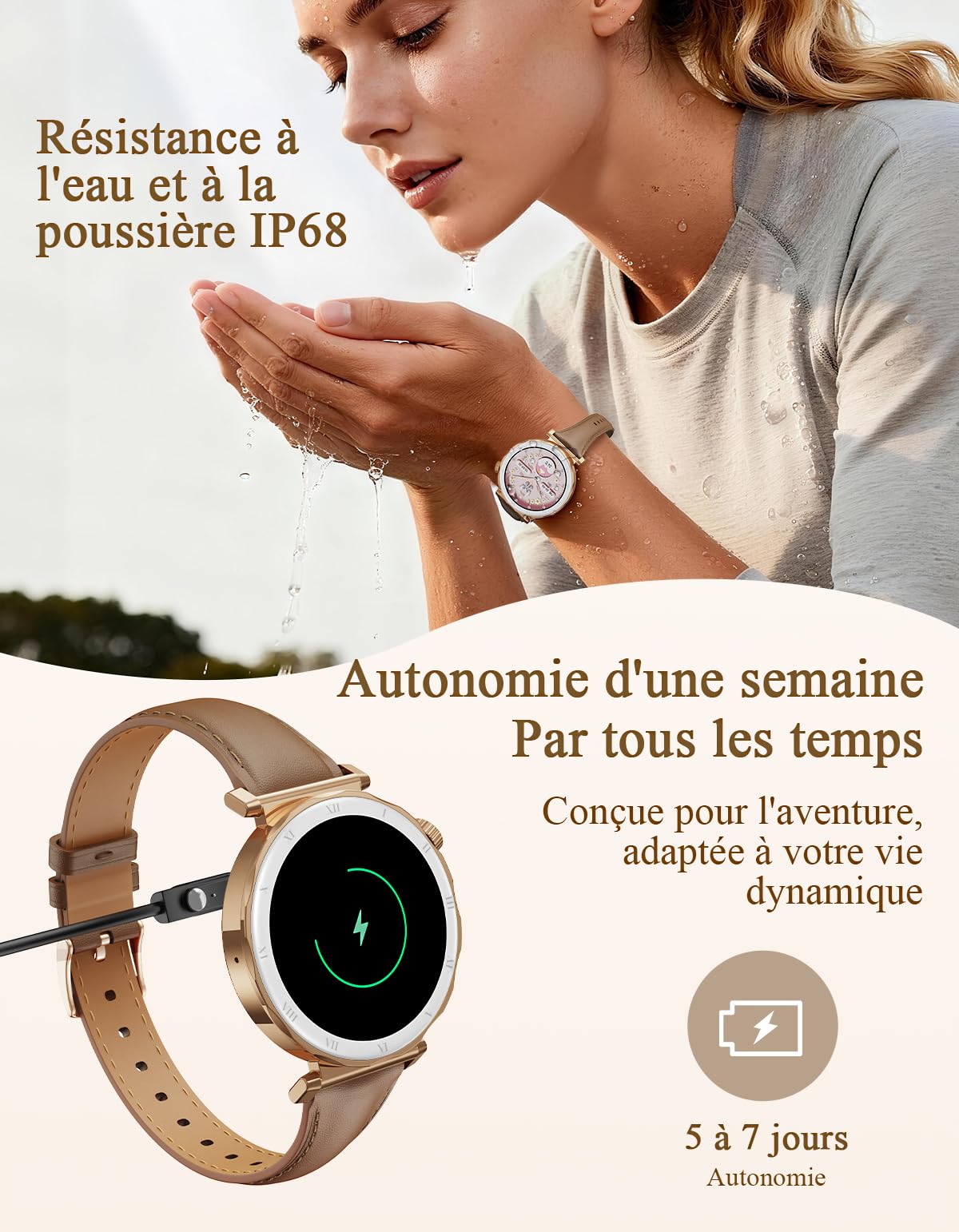 Montre Connectée Femme - Élégant Petit Poignet avec Écran AMOLED 1,19" Bracelet en Cuir Fin, Smartwatch avec Podometre, Cardiofrequencemetre/SpO2/Sommeil pour iOS/Android, Or Rose/Marron
