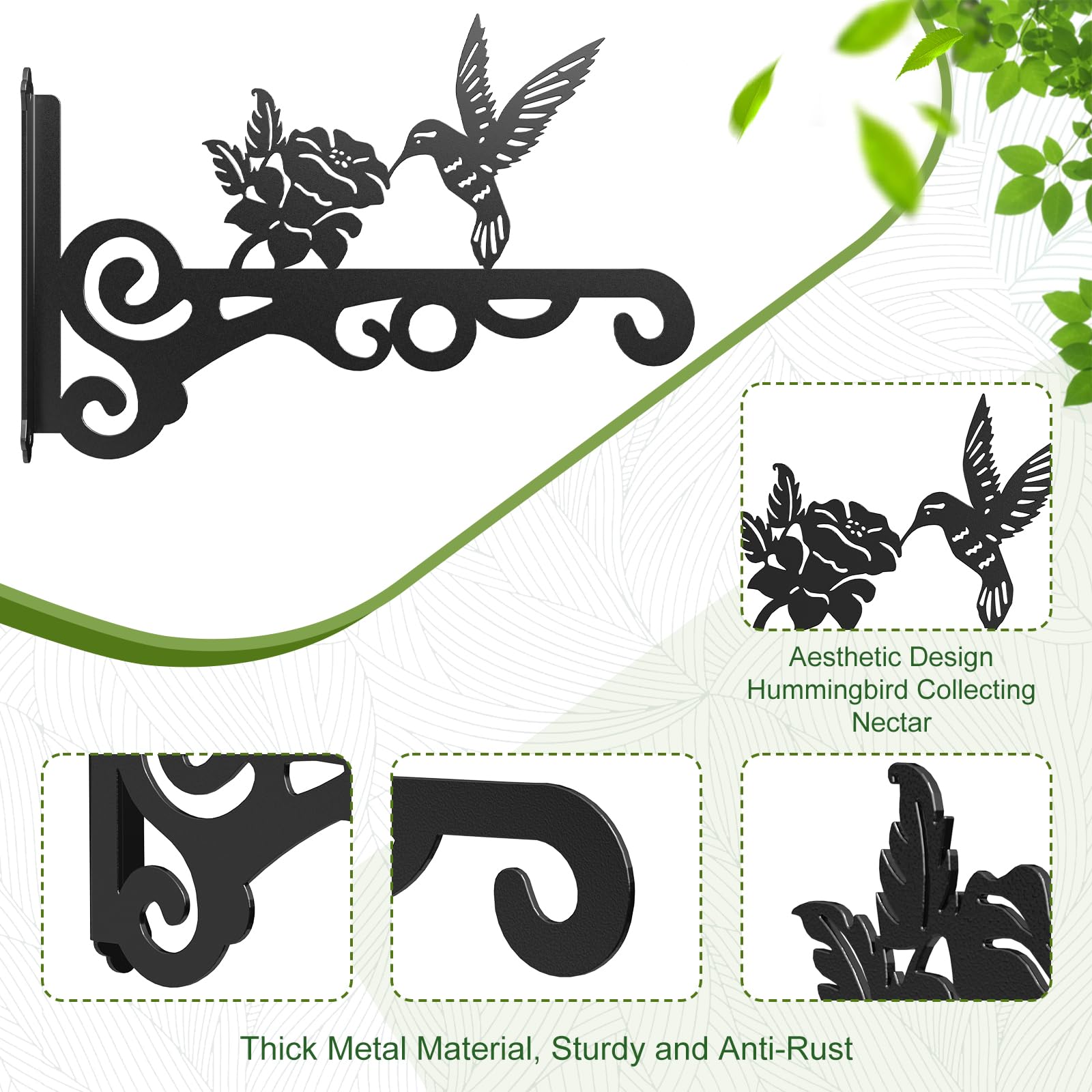 Paquete de 2 ganchos estéticos para plantas de pared para interiores y exteriores, soporte de metal para plantas colgantes de 10 pulgadas con hermoso patrón de pájaros, ganchos antioxidantes para